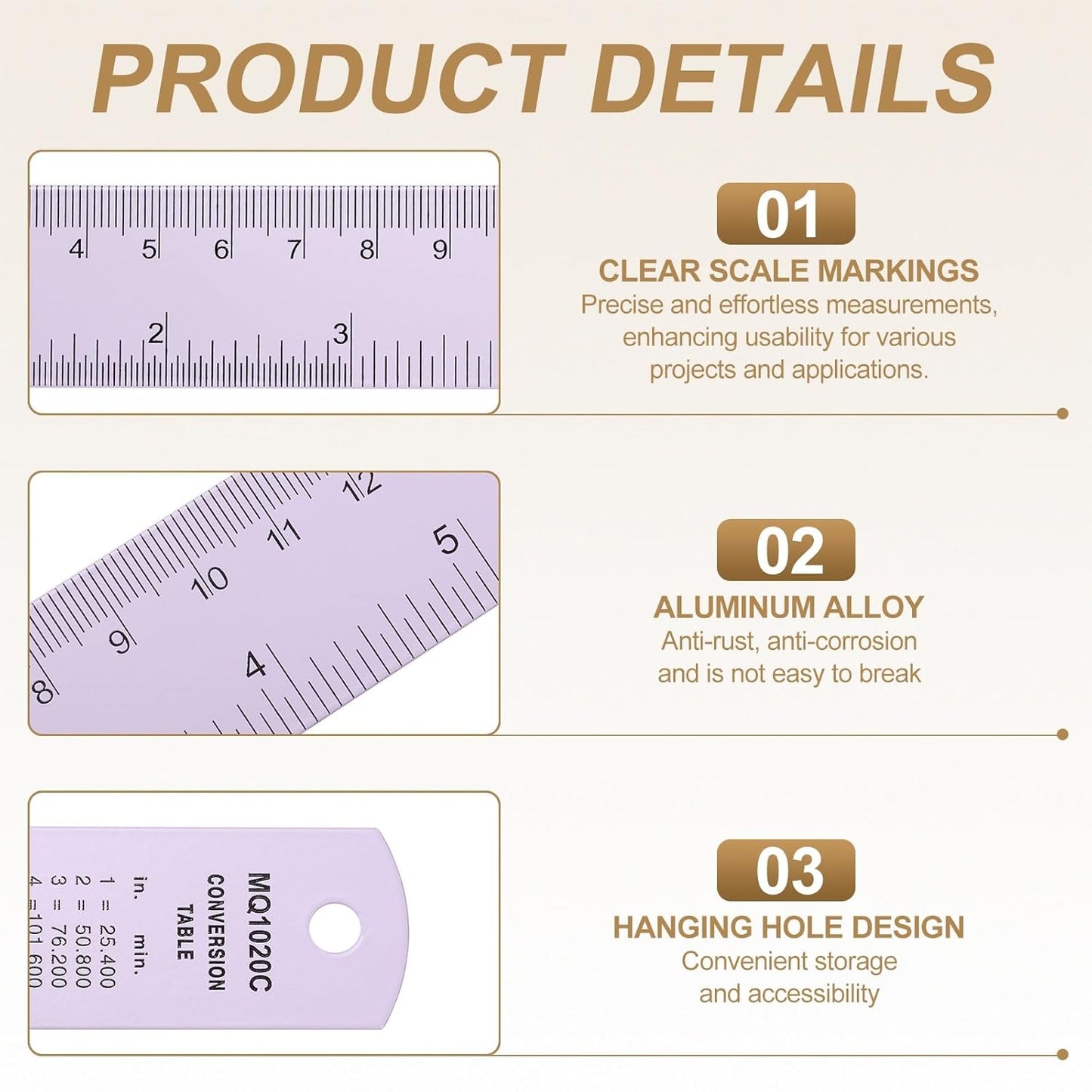 HARFINGTON 2pcs Metal Straight Ruler 15cm Metric SAE Aluminum Alloy Measuring Rulers Scale Tool with Hole for Measure Study Reading Classroom Office, Purple