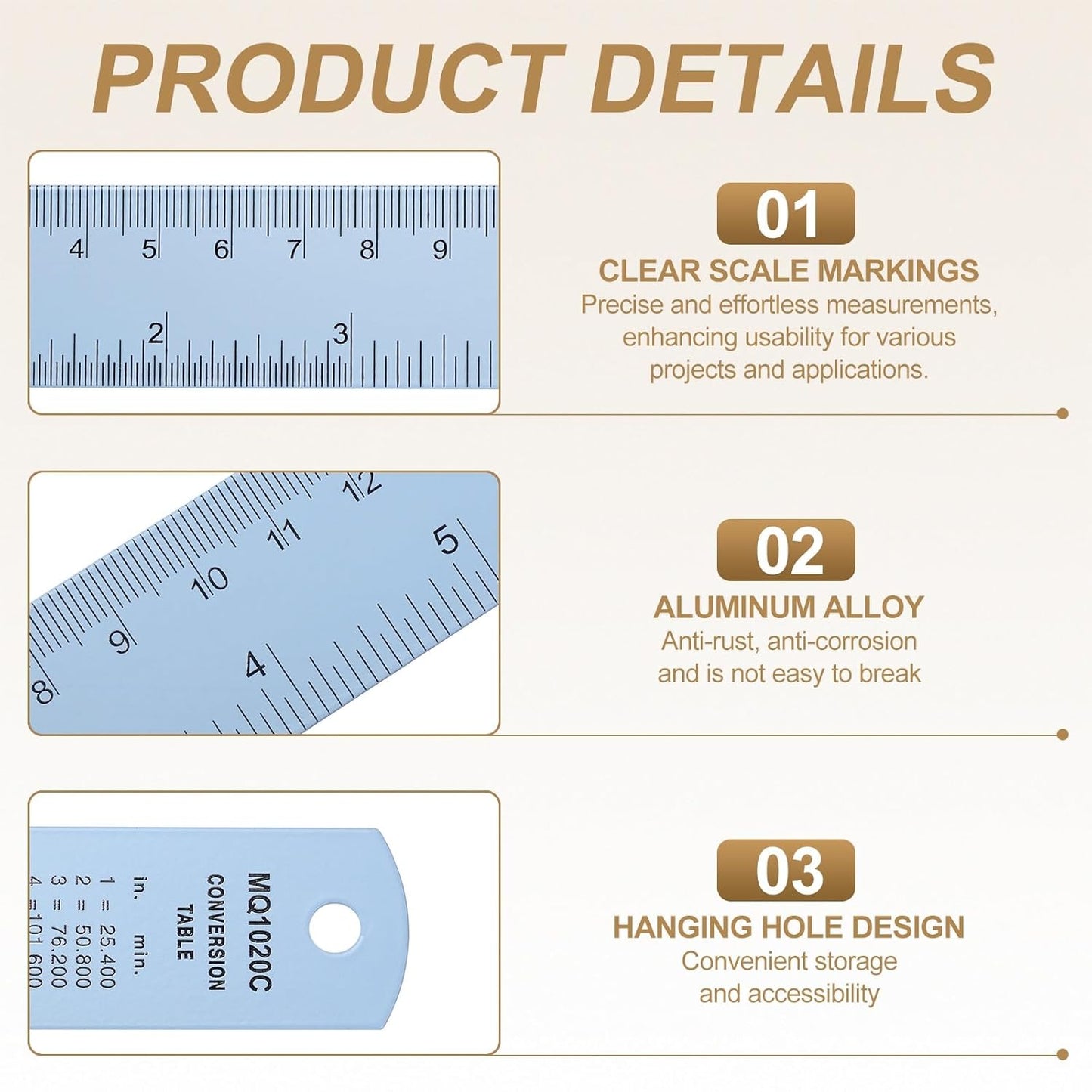 HARFINGTON 4pcs Metal Straight Ruler 20cm Metric SAE Aluminum Alloy Measuring Rulers Scale Tool with Hole for Measure Study Reading Classroom Office, Light Blue