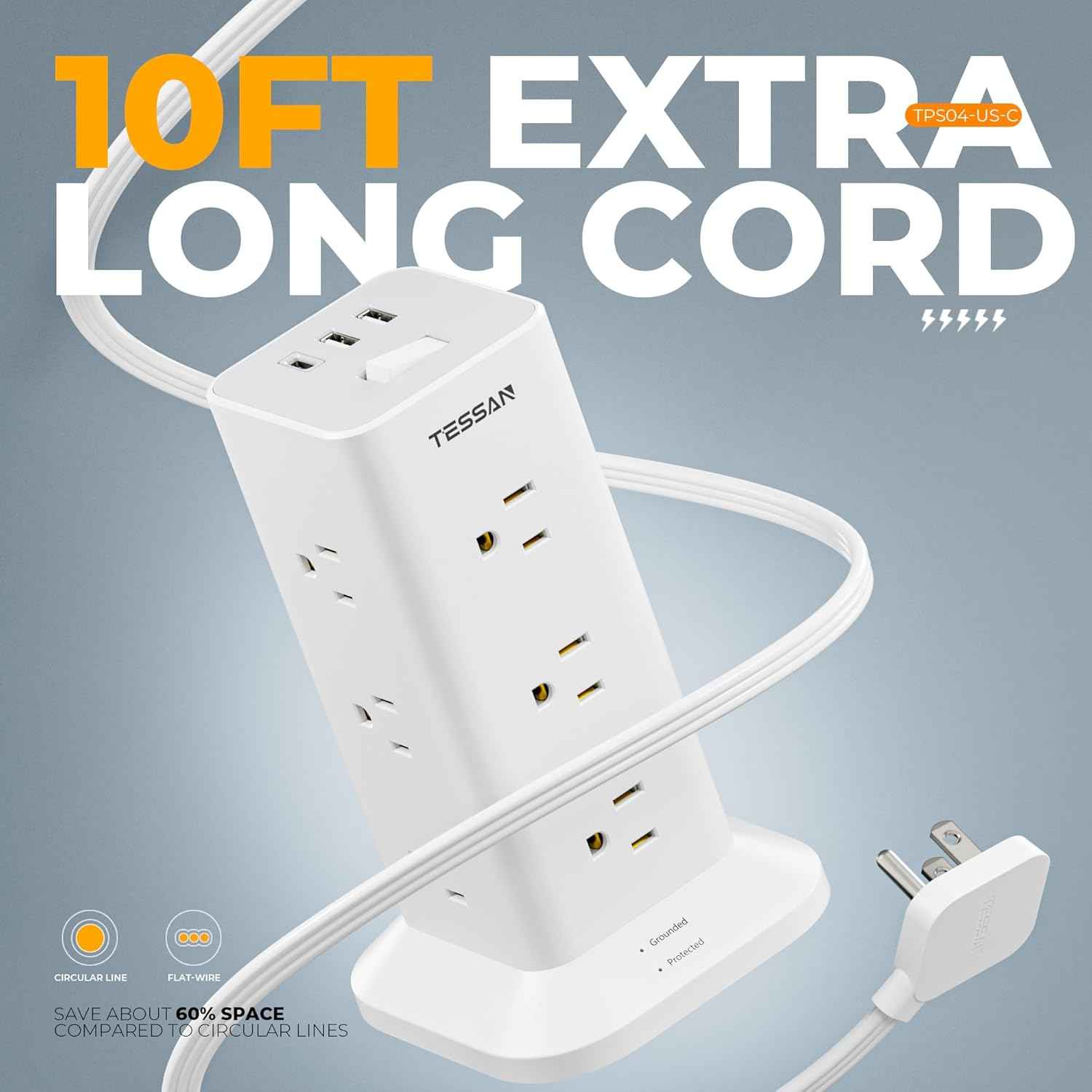 Power Strip Tower with Surge Protector, TESSAN Flat Plug Extension Cord 10 Ft with 12 AC Outlets with 3 USB Ports (1 USB C), Multiple Outlets for Home, Office Supplies, Dorm Room Essentials