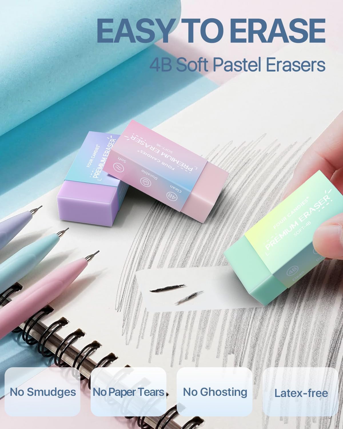 Four Candies 6PCS Cute Mechanical Pencil Set with 372 Leads & Erasers, 0.7mm Medium Point, Pencils Mechanical with 360PCS (HB & 2B) Lead Refills & 12PCS Erasers & Storage Case for Writing & Drawing