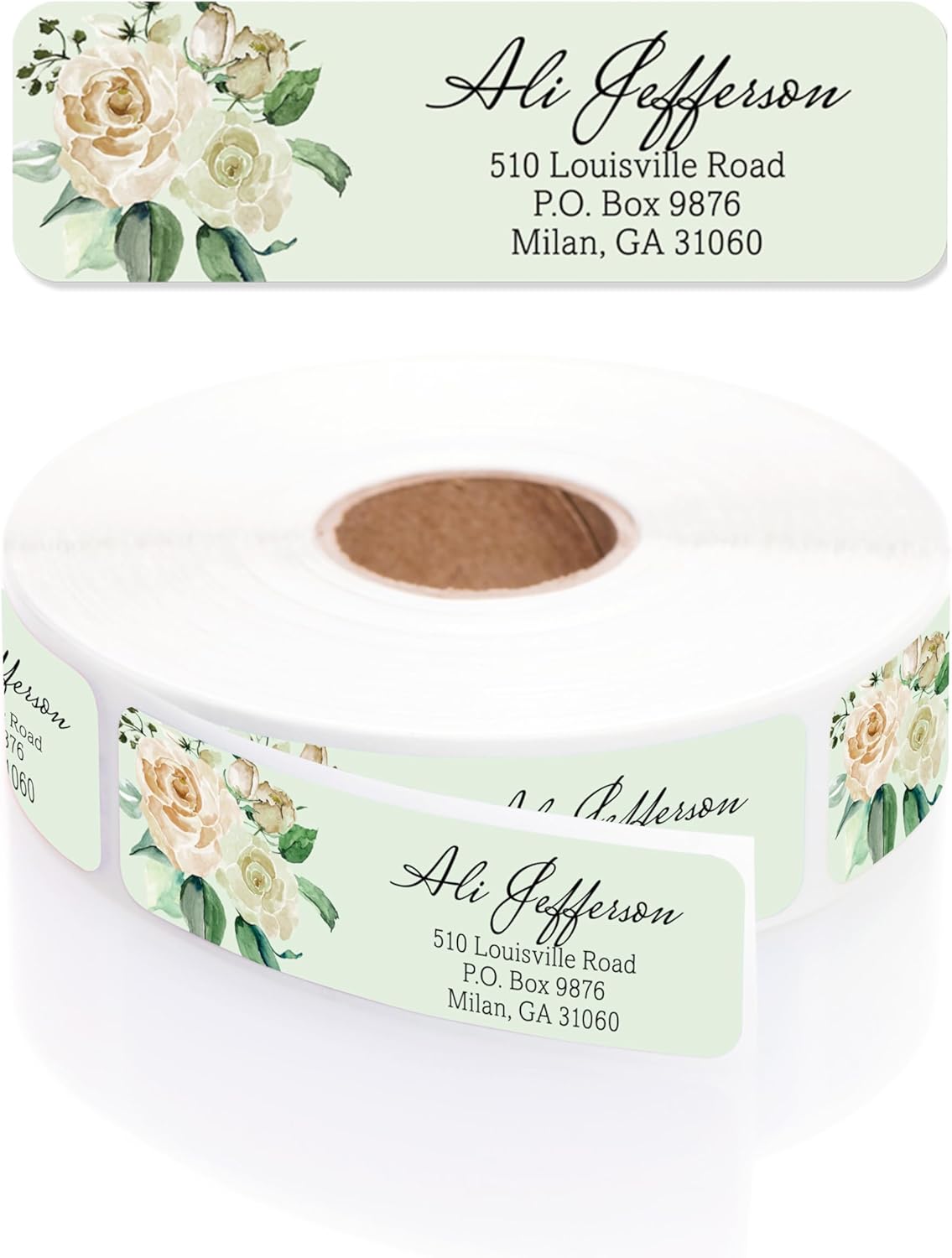 Green Watercolor Floral Rolled Address Labels / 250 Personalized Return Address Labels/Designer Address Stickers in Elegant Plastic Dispenser - Lumora Desk