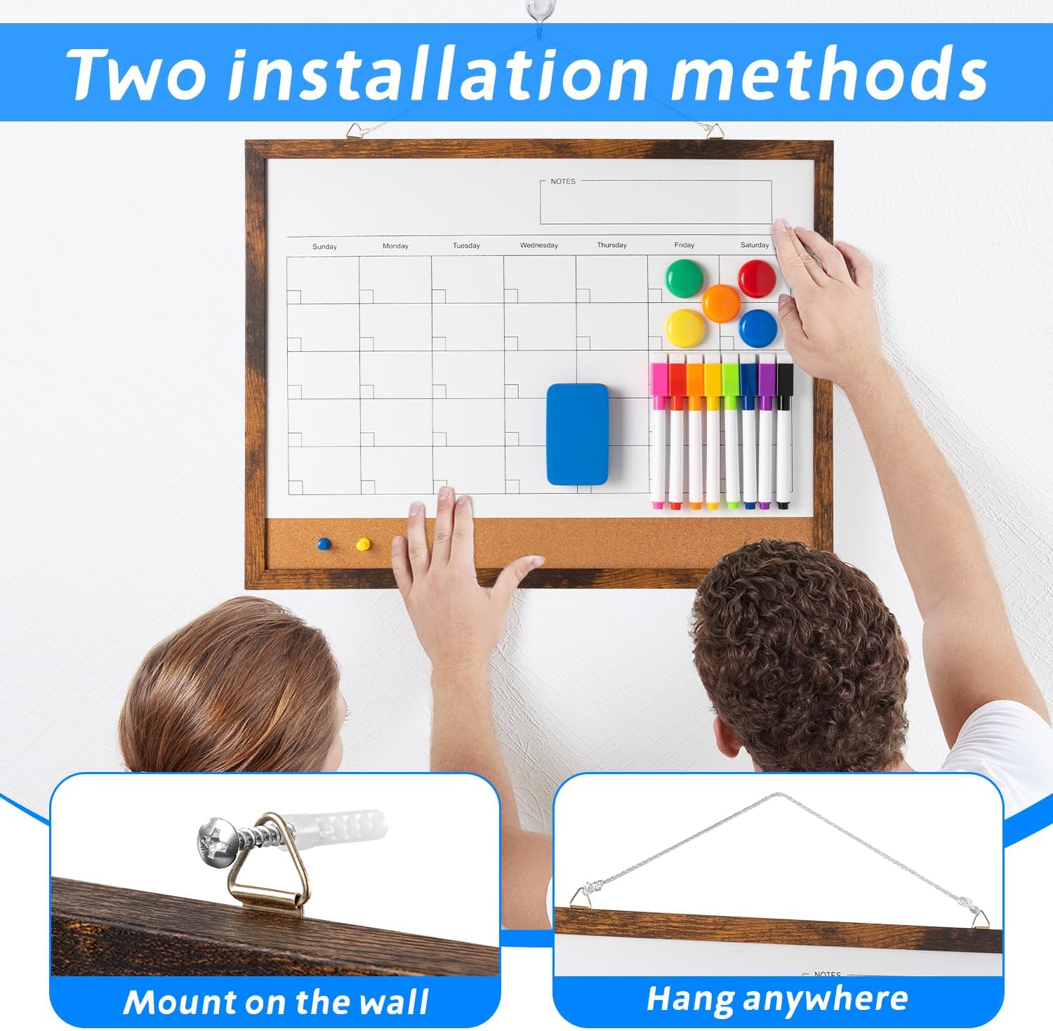 Dry Erase Calendar Whiteboard, 17" x 13" Magnetic Whiteboard Cork Board Combo, Reusable Monthly Planner with 8 Markers, Eraser, Magnets and Pushpins, Hanging Dry Erase Board for Home, School - Brown - Lumora Desk