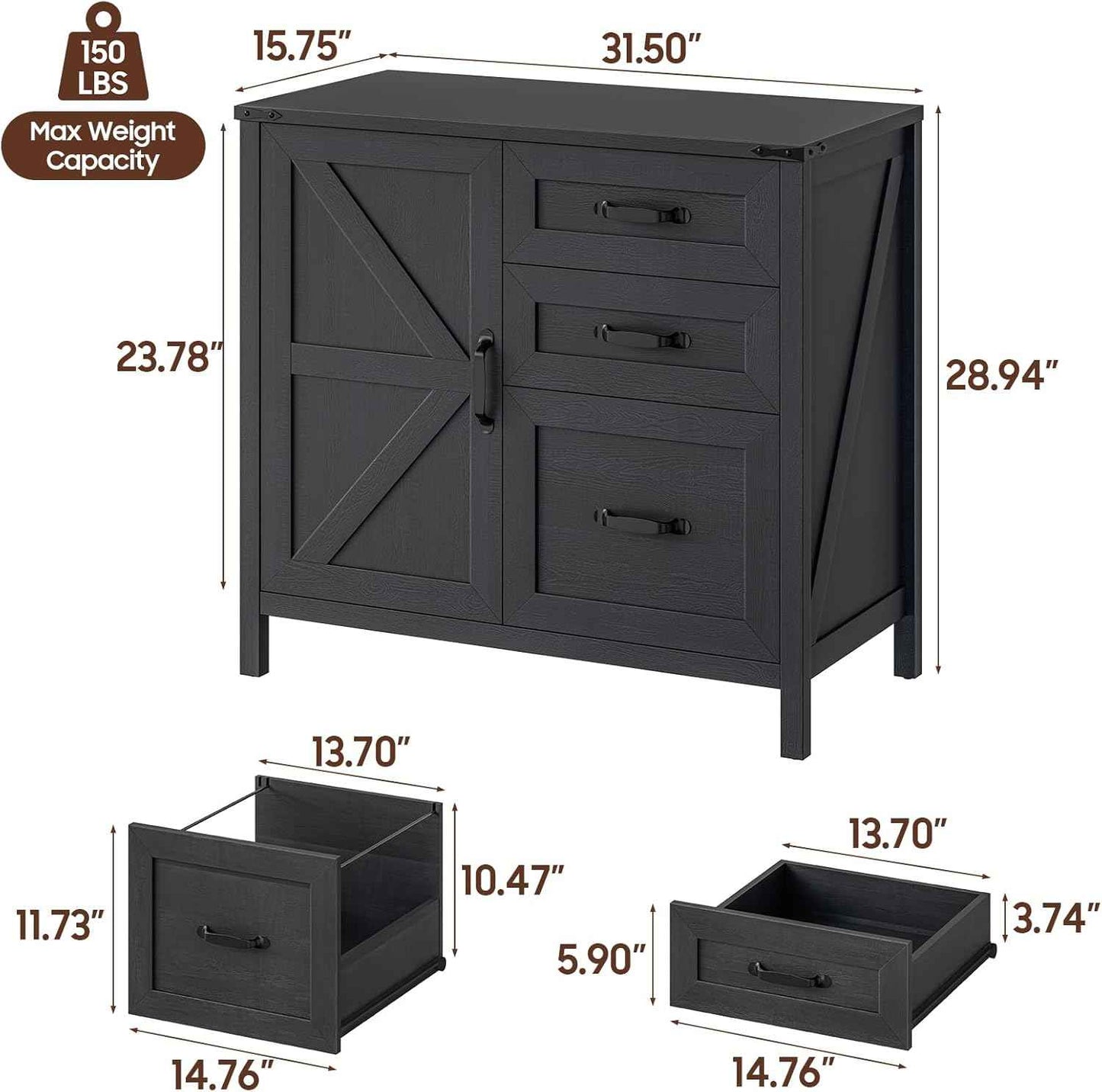 Befrases Farmhouse Lateral Filing Cabinet, Lateral File Cabinet with 3 Drawers and Storage Cabinet, Wooden Printer Stand with File Drawer for Letter/A4 Size Hanging File for Home Office, Rustic Black
