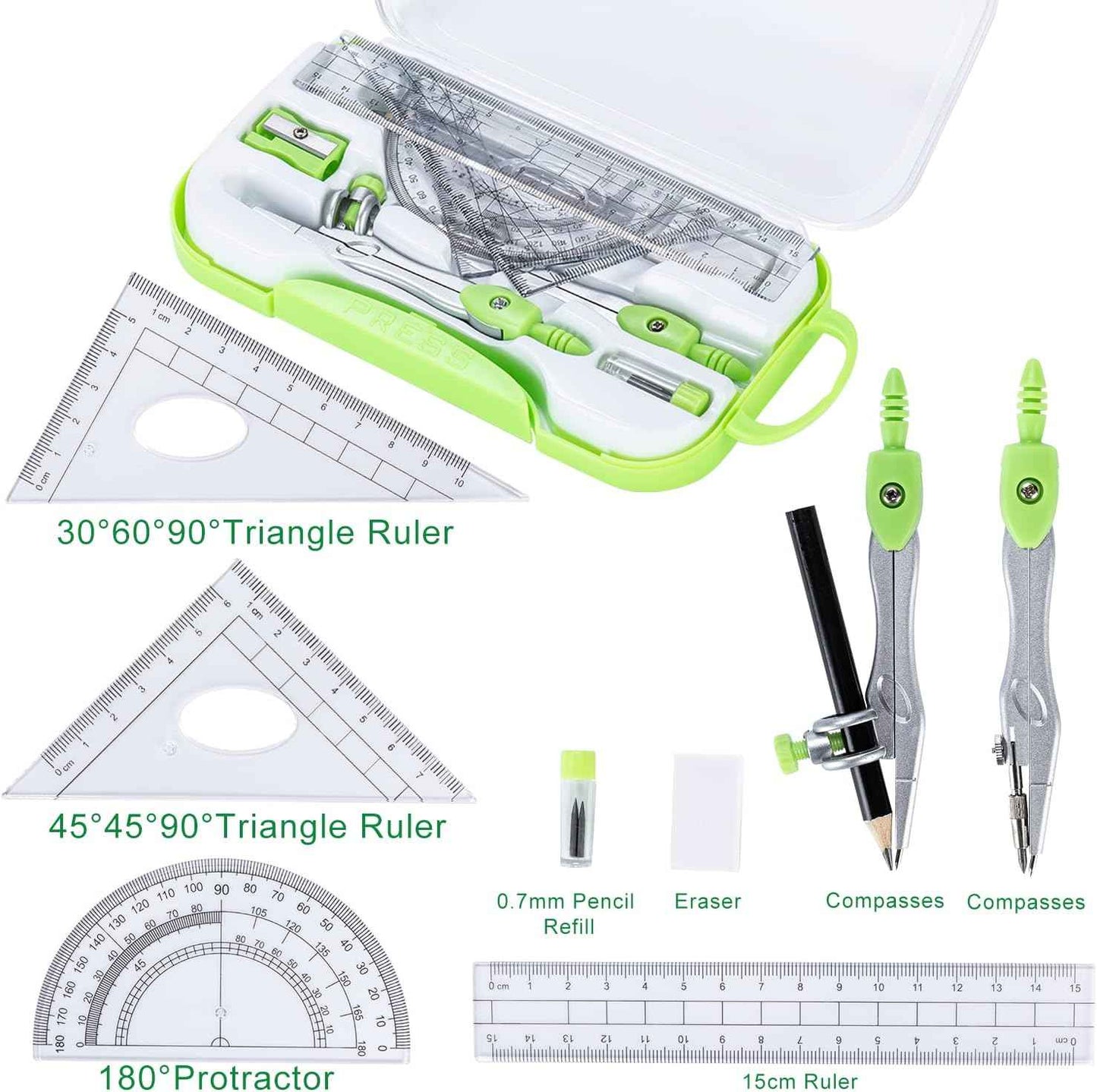 10 Pieces Math Geometry Kit Set with Shatterproof Storage Box, Student Supplies Includes Rulers,Protractor,Compass,Pencil Sharpener,Lead Refills,Pencil,Eraser for School and Drawings