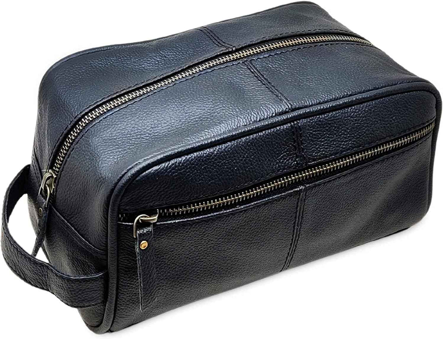 jaald Men's Large Genuine Black Luxury Leather Toiletry Bag Shower Kit Shaving And Grooming Bag For Travel Groomsmen Gift Men Women Hanging Zippered Makeup Bathroom Cosmetic Pouch Make Up Case