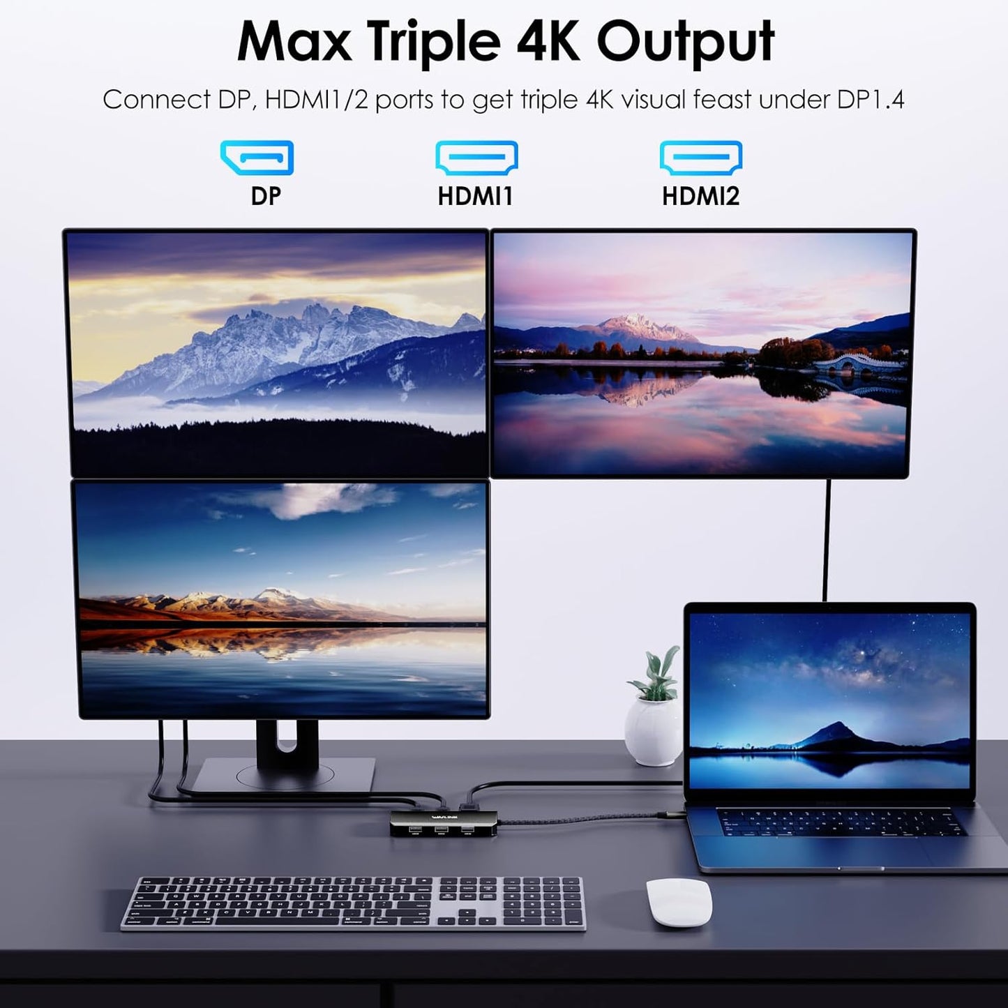 WAVLINK USB-C Docking Station for MacBook, Dell XPS, Lenovo Yoga, HP Laptops - Dual HDMI, DisplayPort, VGA, 3 USB 2.0 Ports, Black