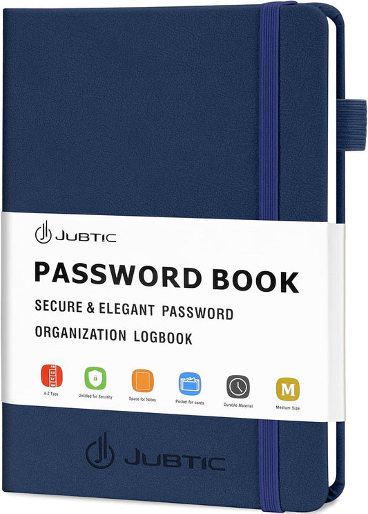 JUBTIC Password Keeper Book with Alphabetical Tabs. Medium Size Password Book for Seniors, Internet Website Address Log in Detail. Hardcover Password Notebook for Home Office, Navy Blue