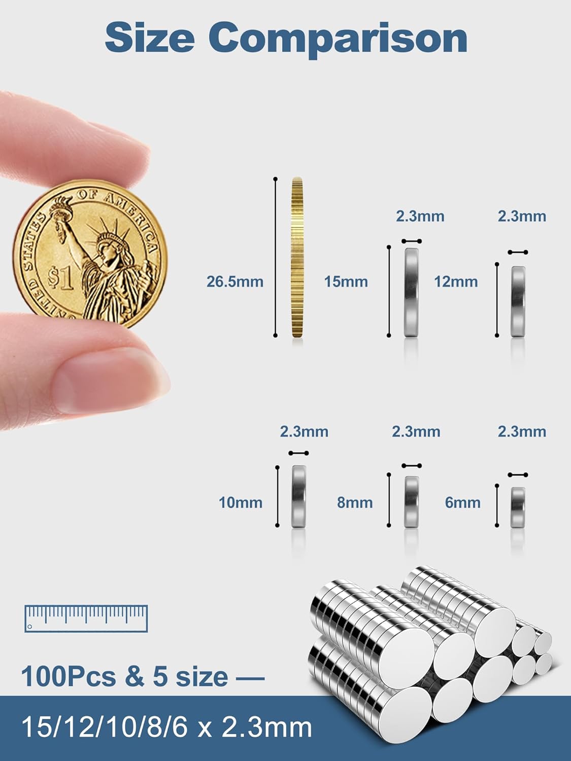 SMARTAKE 100 Pcs Rare Earth Magnets, 5-Size Multi-Use Premium Neodymium Fridge Magnets, for Refrigerator, Office, Whiteboard, Crafts, DIY Hobbies, Kitchen, Science, Billboard (Silver)