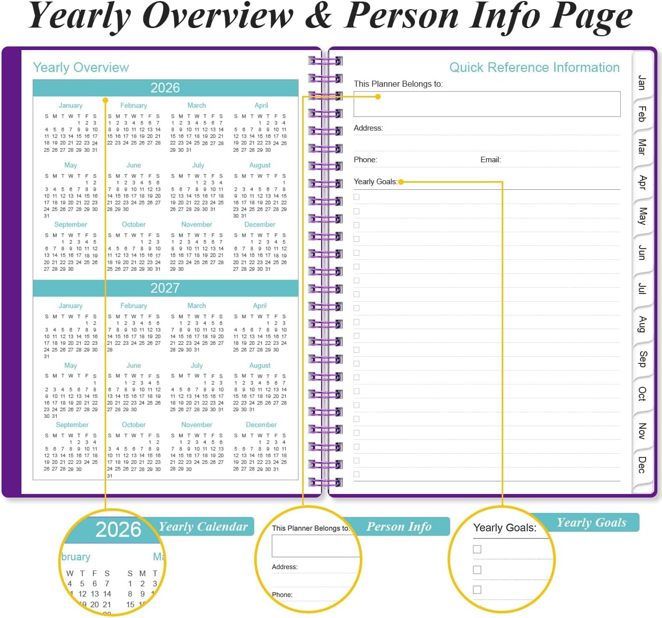 2026 Planner - Planner 2026 from January 2026 - December 2026, Weekly & Monthly Planner Spiral Bound with 12 Monthly Tabs, Inner Pocket, 6.4" x 8.5", Purple-B