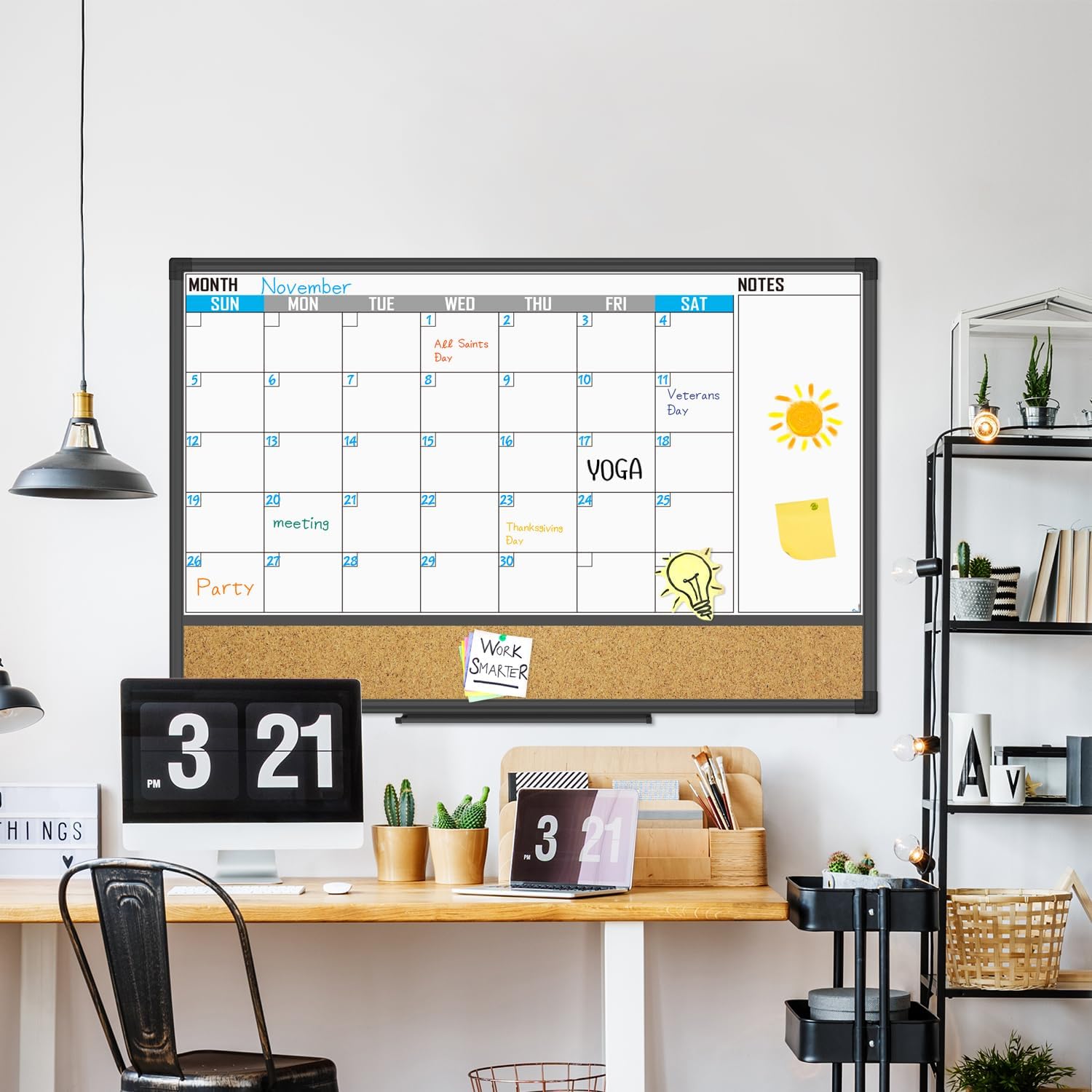 XBoard Dry Erase Calendar Whiteboard 48 X 36 - Combo White Board Calendar Monthly, Magnetic White Board + Corkboard with Black Aluminum Frame, Colorful Push Pins & Marker Tray Included - Lumora Desk