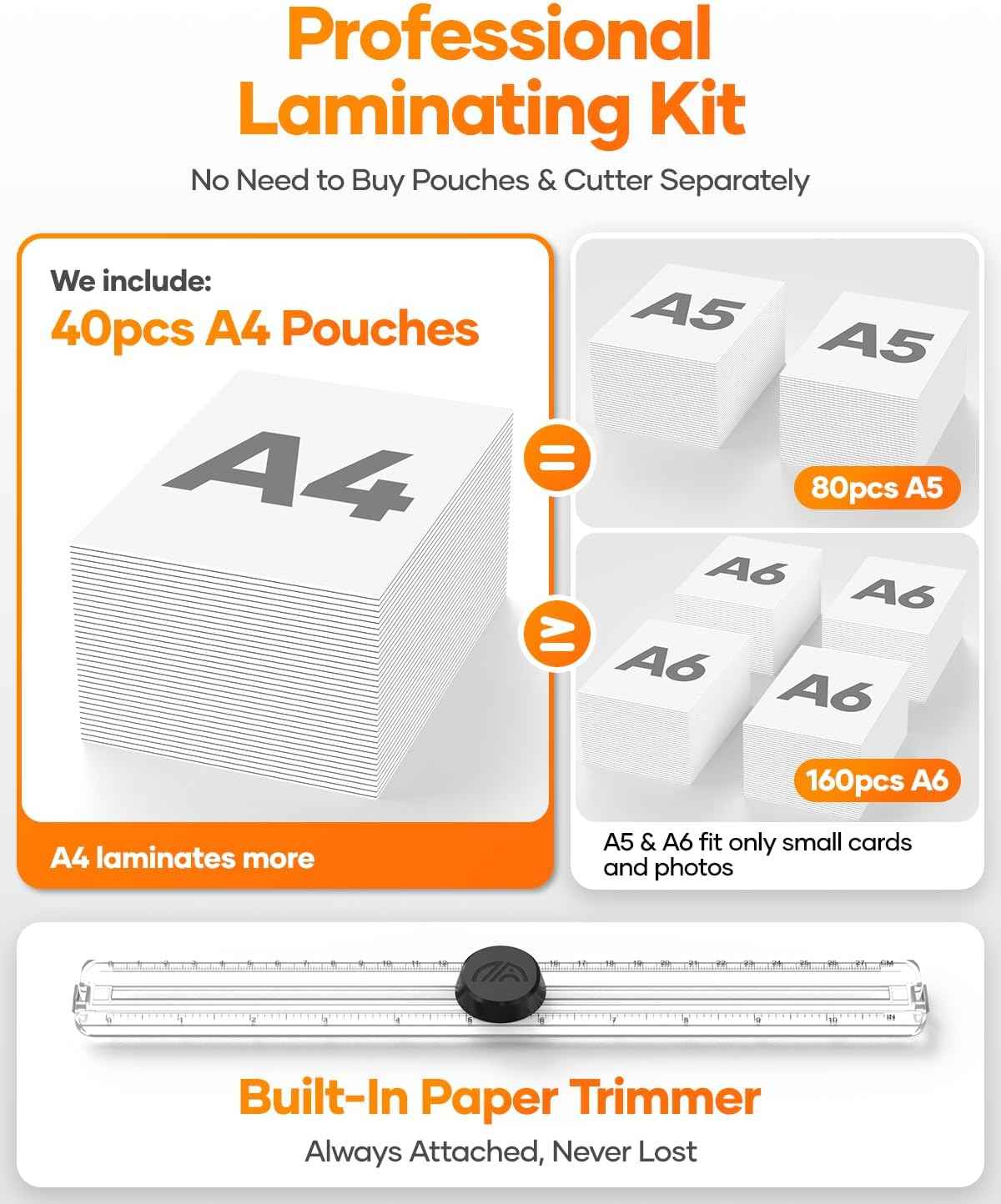 Laminator Machine with 40 Pack Letter Size Laminating Pouches (8.5" x 11"), Thermal and Cold Lamination, Built-in Cutter, Quick Warm-Up, 9 Inch Portable Laminator for Home, Office and School
