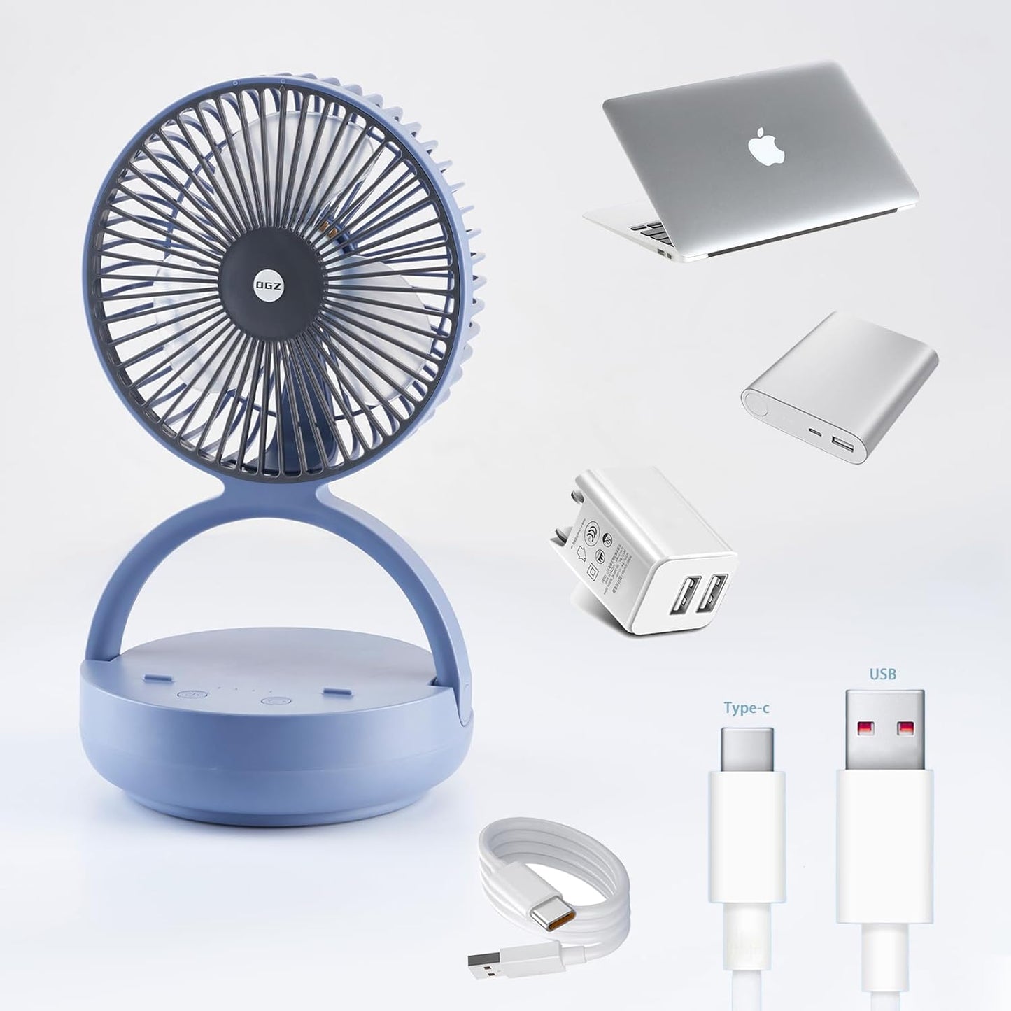 OGZ Portable Fan for Travel I 7 Inch Small Desk Fan Rechargeable Air Circulator I 180° Oscillating Battery Powered Powerful Personal Fan For Beside Office Desktop RV Dorm Cooling