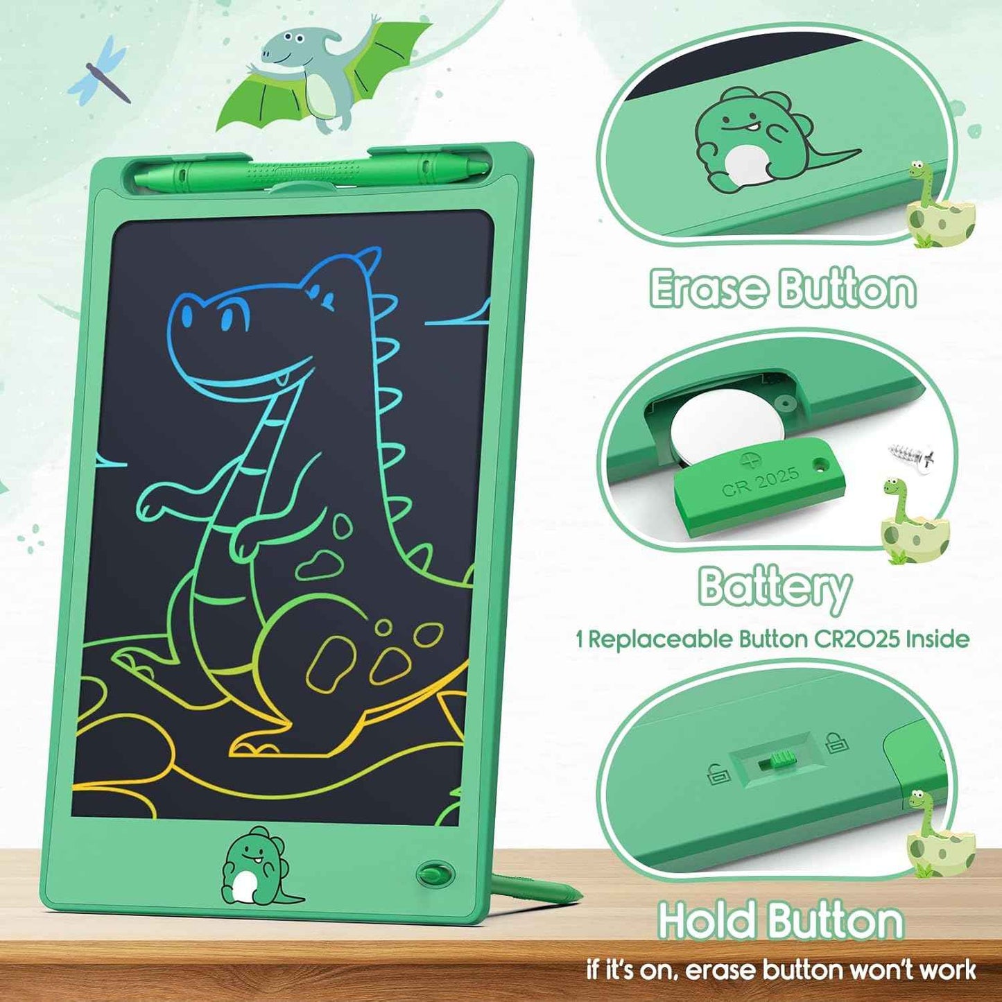 FLUESTON Toys LCD Writing Tablet Toddler,Toys for Boys Girls 3 4 5 6 7 8year,8.8 Inch 1pcs in 1 Pack Drawing Pad Toy Christmas Birthday Gift for Kids, Cute Dinosaur Drawing Tablet Doodle Board