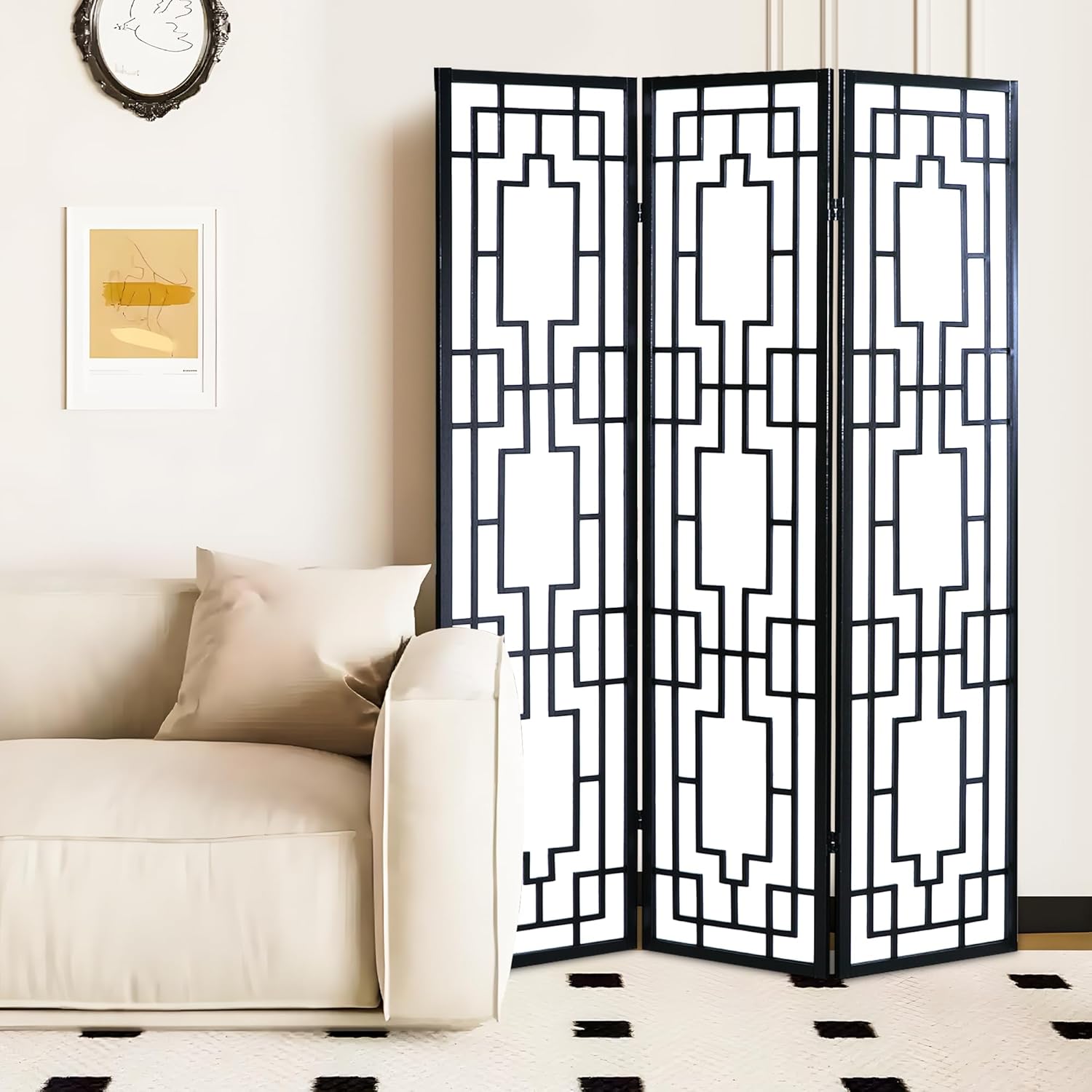 NicBex Room Divider 3 Panel Room Dividers with Geometric Lattice Design Partition Room Dividers and Folding Privacy Screens Wall Divider for Office, Room Separation,70" W x 0.8" D x 70.3" H, Black - Lumora Desk