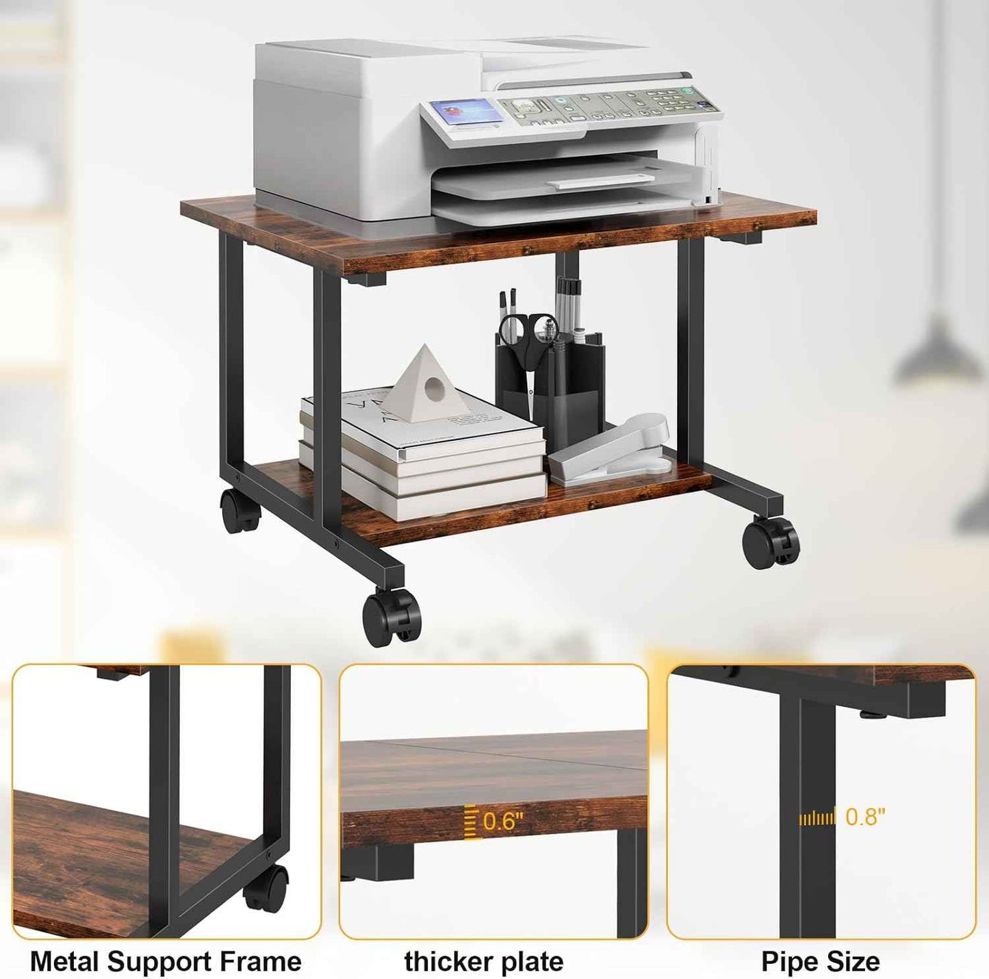 Livofloral Under Desk Printer Stand with Storage Shelf, 2-Tier Industrial Mobile Printer Table for Home and Office, Printer Stand with Wheels,Rustic Brown