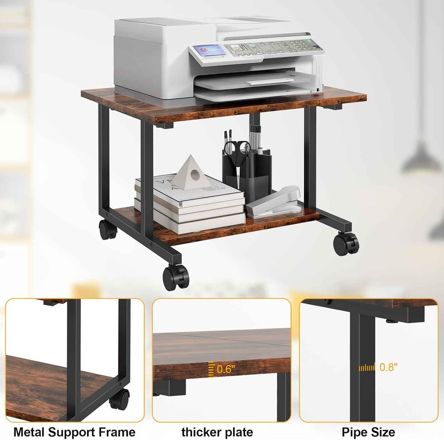 Livofloral Under Desk Printer Stand with Storage Shelf, 2-Tier Industrial Mobile Printer Table for Home and Office, Printer Stand with Wheels,Rustic Brown