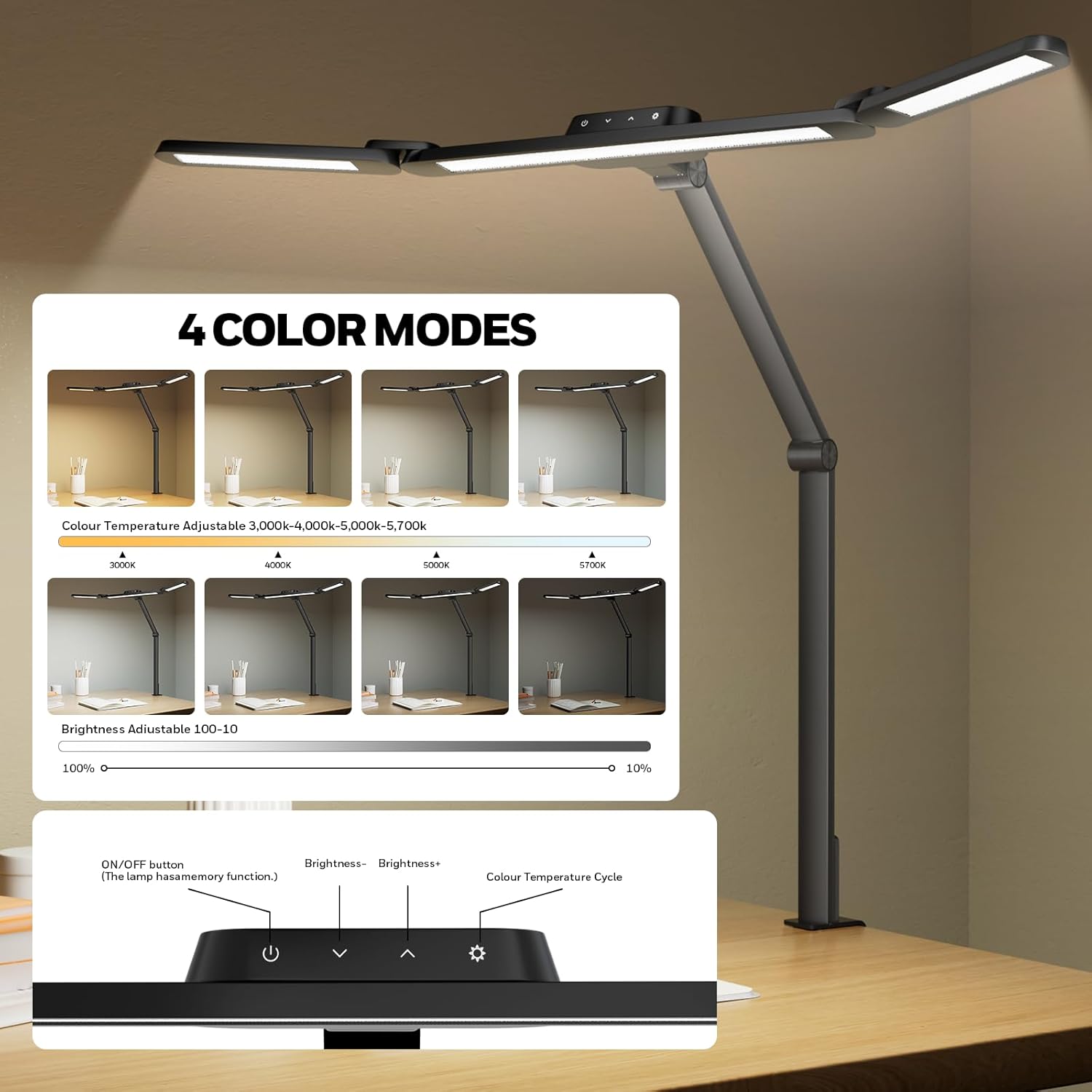 Honeywell LED Desk Lamp with Clamp, HJ3 Sunturalux Architect Desk Lamp for Home Office, Eye-Caring Computer Desk Light 22W 4 Color Modes Clip on Light Stepless Dimming Task Lamp for Working - Lumora Desk