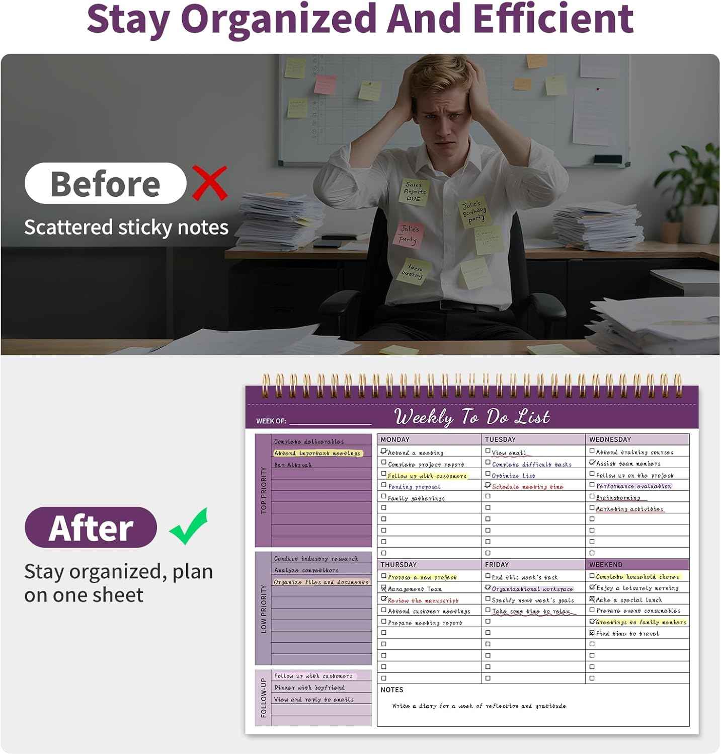 Weekly To Do List Notepad, 52 Undated Sheets （8.5"×11") Duplex-Printed Weekly Desk Planner For Work Home School Office Desk Accessories Supplies & Goal Setting Tasks - Purple