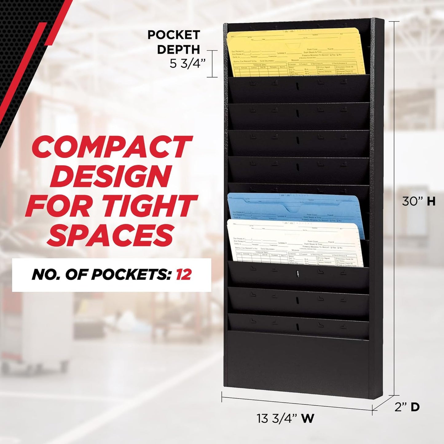 PROLific Automotive Products CHAMP Repair Order Rack, 12-Pocket Wall Mount Organizer, Heavy-Duty Alloy Steel, Powder Coated, Ideal for Auto Workshops and Garages - Black