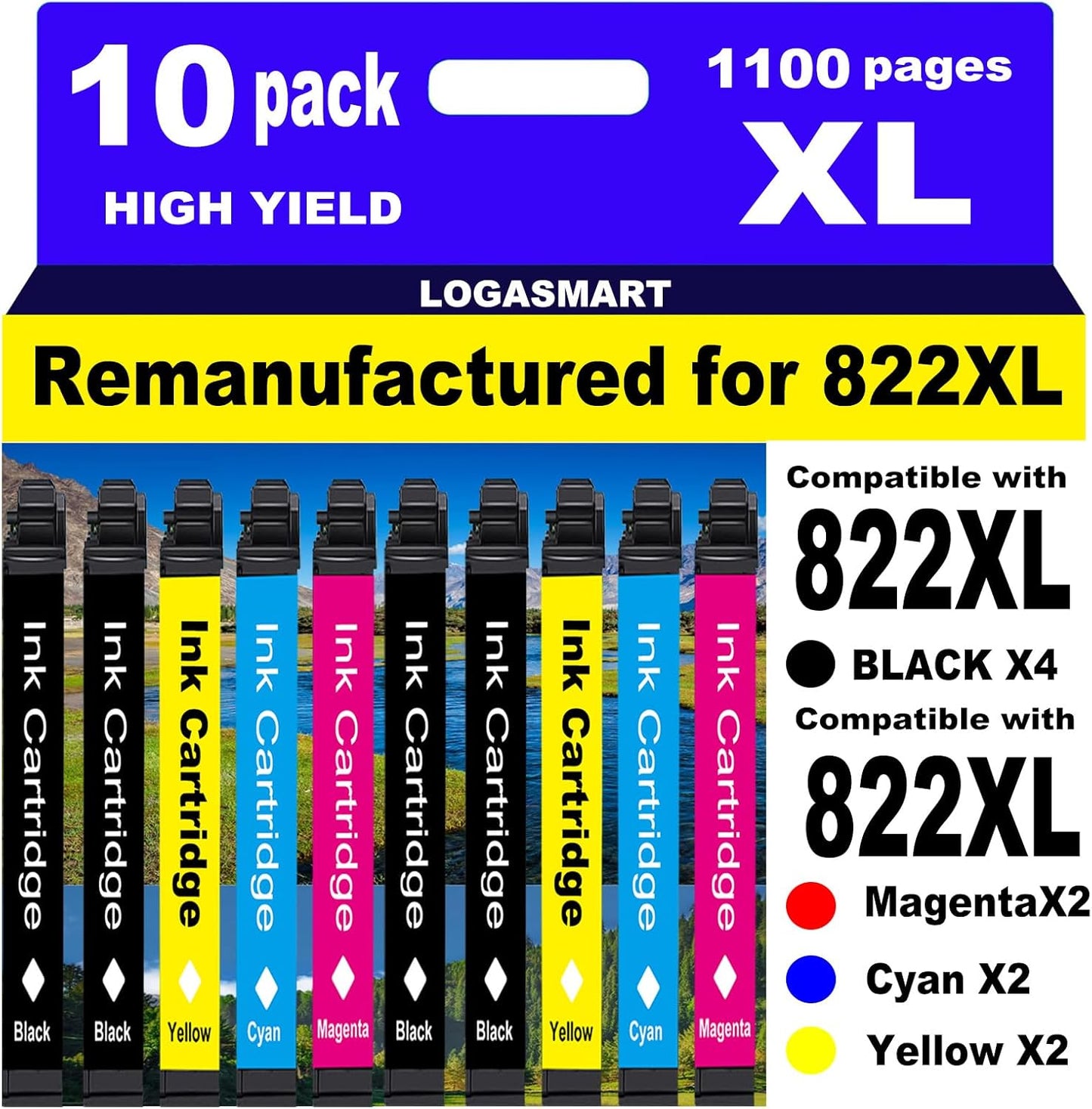 Remanufactured for Epson 822XL Ink Cartridges Replacement for 822 XL T822 for Workforce Pro WF-3820 WF-3823 WF-4820 WF-4830 WF-4833 WF-4834 Printer 10PACK