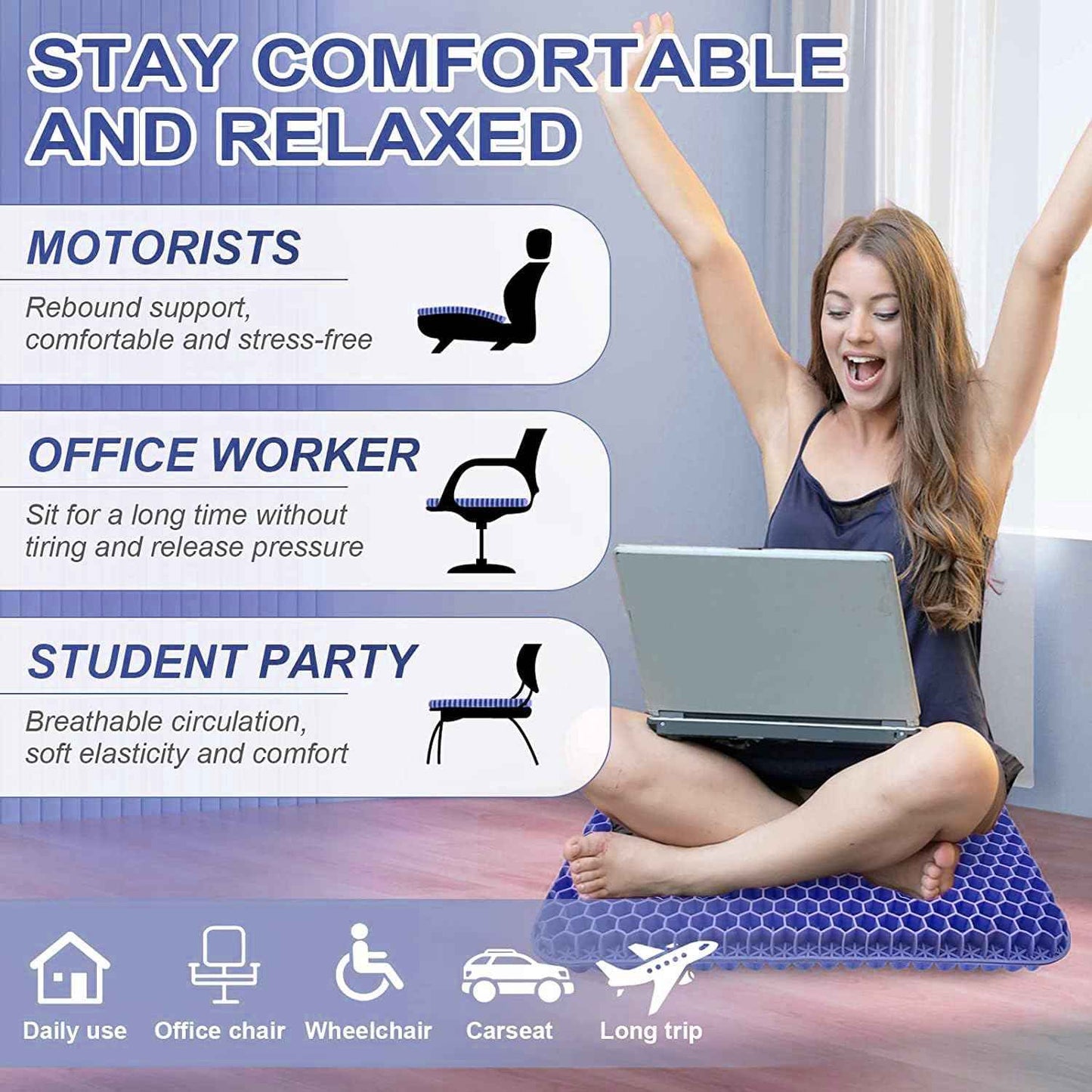 Gel Seat Cushion, Super Large (19x18x1.6inch) Gel Cushion Chair Pads with Non-Slip Cover for Home Office Car Seat Wheelchair, Soft Breathable Honeycomb Seat Cushion for Relieve Hip Pain