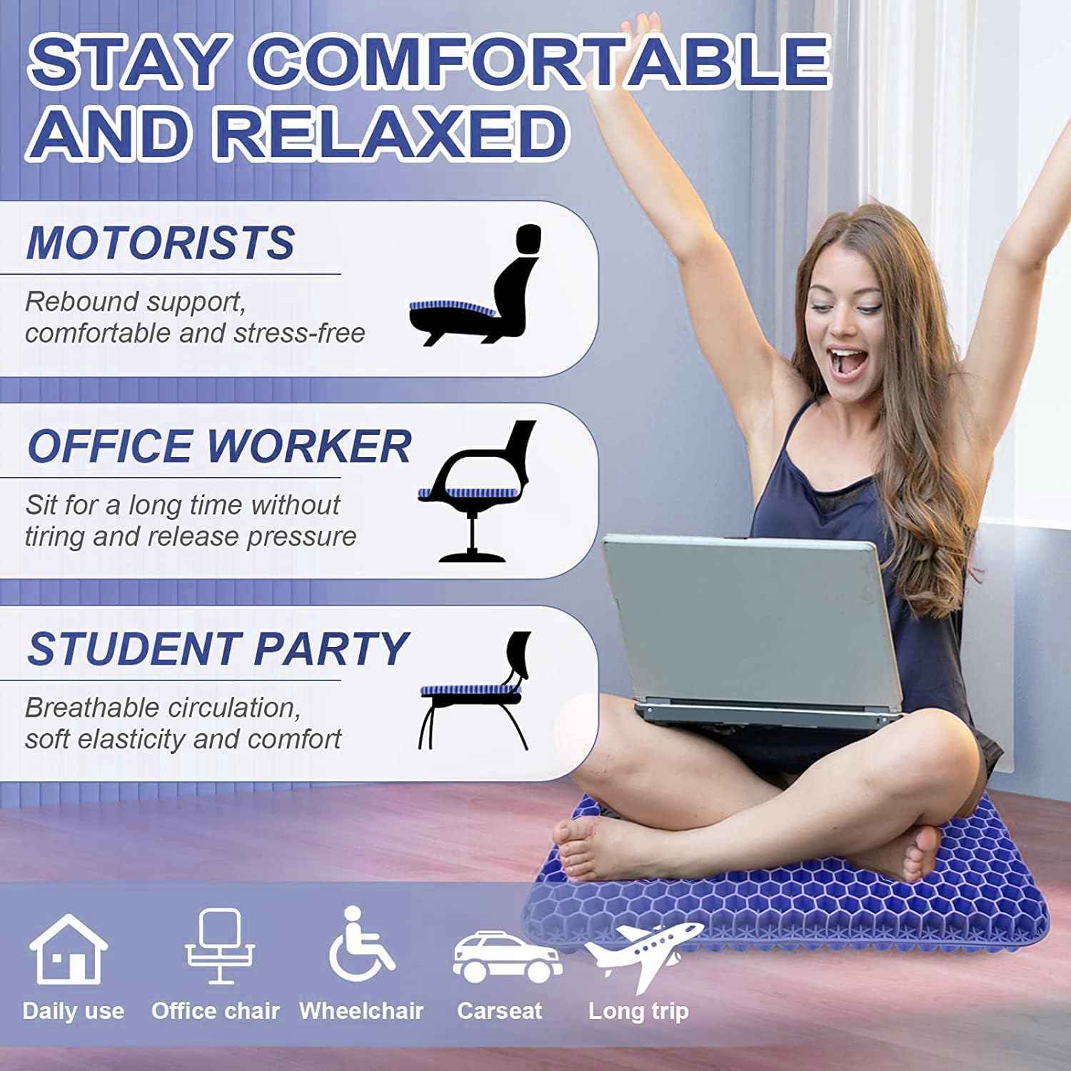 Gel Seat Cushion, Super Large (19x18x1.6inch) Gel Cushion Chair Pads with Non-Slip Cover for Home Office Car Seat Wheelchair, Soft Breathable Honeycomb Seat Cushion for Relieve Hip Pain