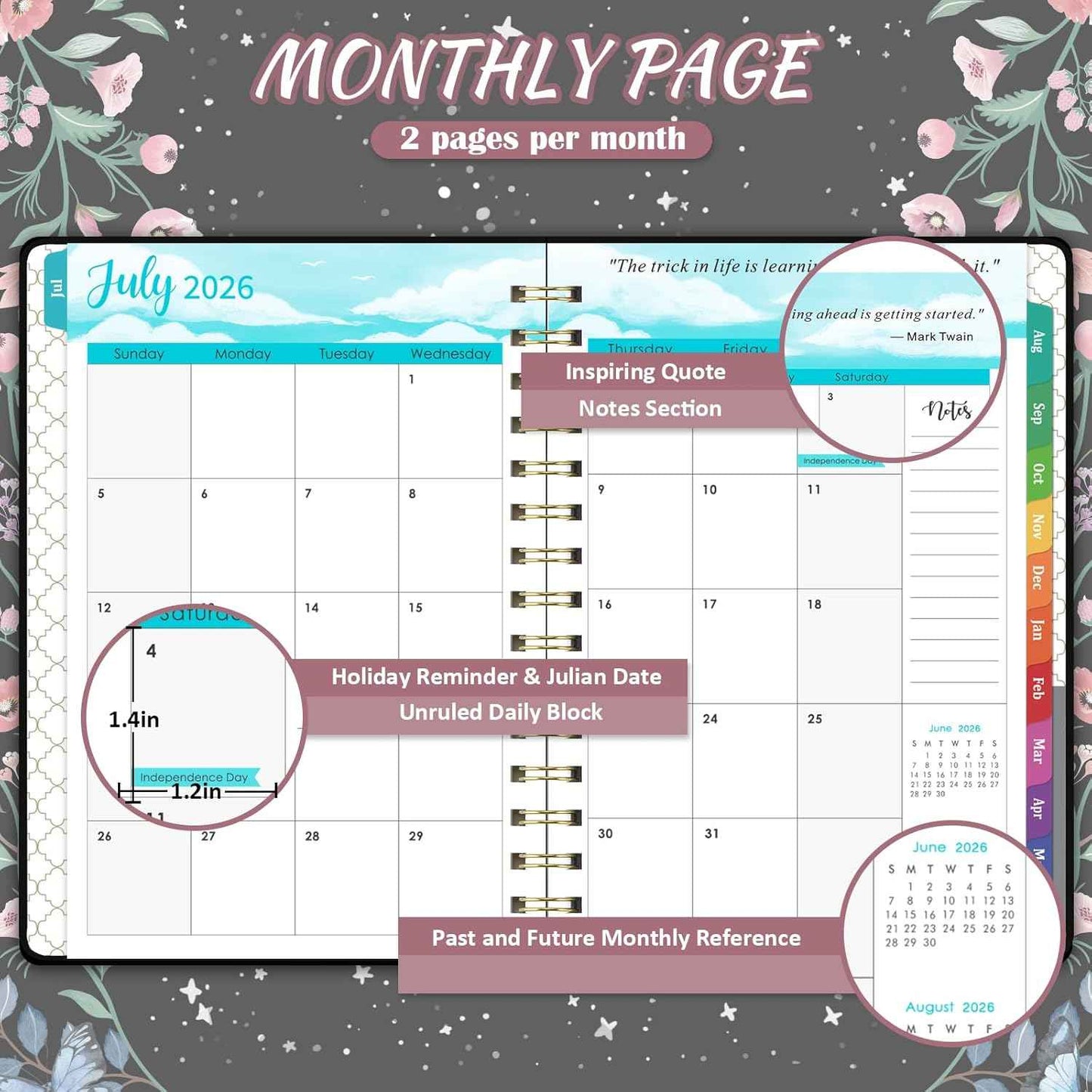 Planner 2026-2027 - 2026-2027 Planner Weekly and Monthly with Tabs, Jul. 2026 - Jun. 2027, 6.3" x 8.4", Planners 2026-2027 with Back Pocket + Thick Paper + Twin-Wire Binding - Moon