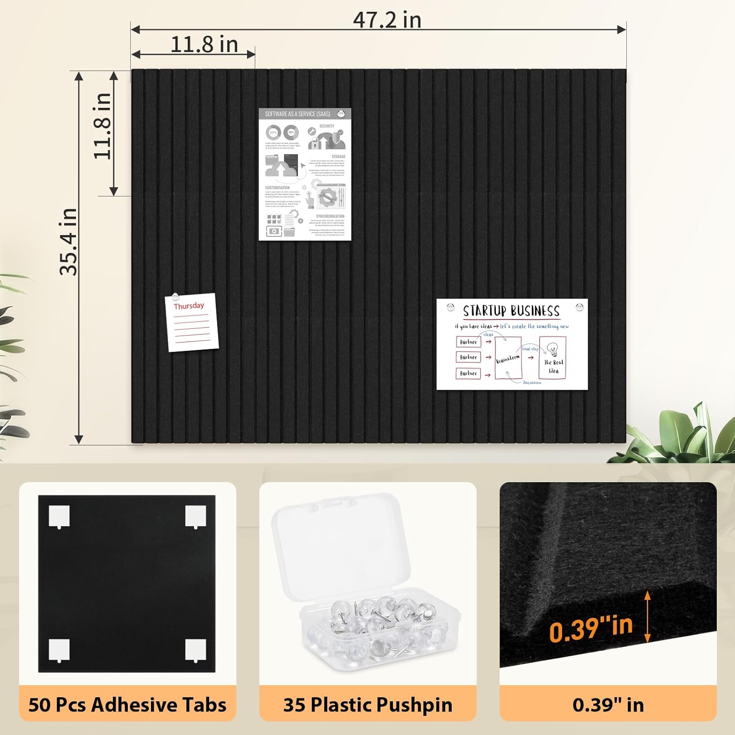 Smarpau Large Cork Board, Black Bulletin Board 48"x36", 12 Pack Pin Board Felt Wall Tiles with 50 Removable Adhesive Tabs 35 Pushpins, Cork Boards for Office Home School Decor - Lumora Desk