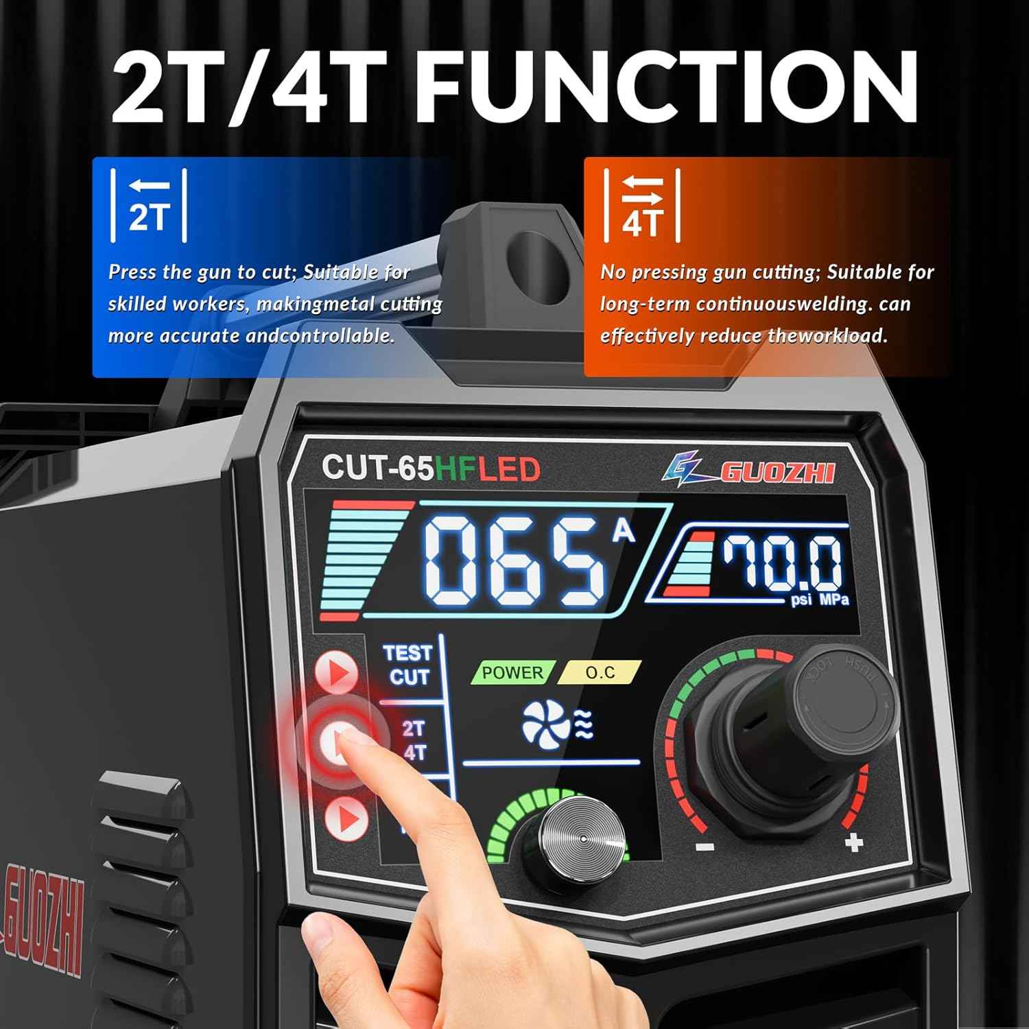 GZ GUOZHI Plasma Cutter 65Amp High Frequency Non-Touch Arc Digital Screen Display DC Inverter 110/220V Dual Voltage Blowback Plasma Cutting Machine CUT-65HFLED