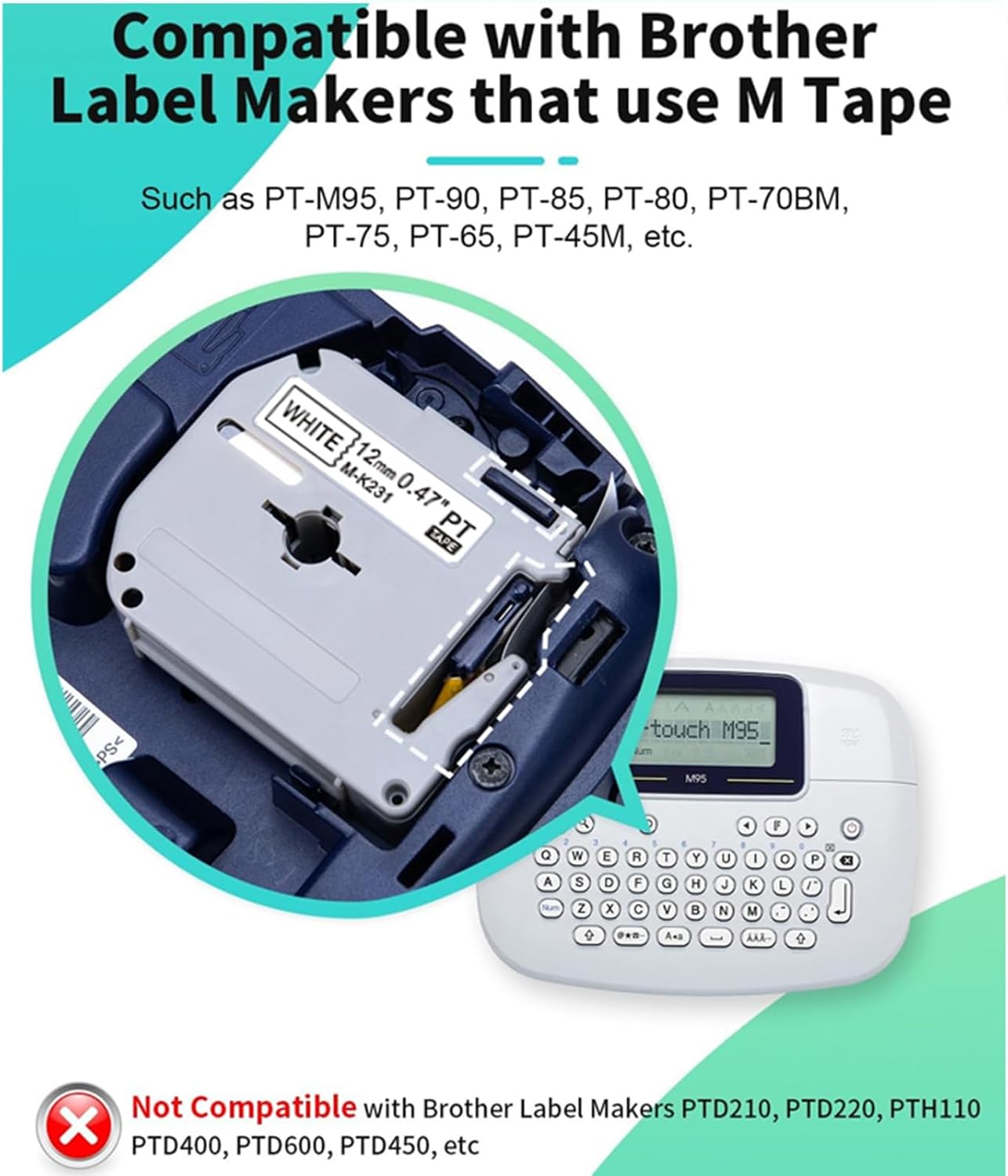 12Pack M-K231 Replacement for Brother M Tape 12mm 0.47'' White, M-K231s MK231s M231 Label Tape Replace for Brother PTouch PT-M95, PT-90, PT-70, PT-65, PT-60, PT-45 Label Maker Refills
