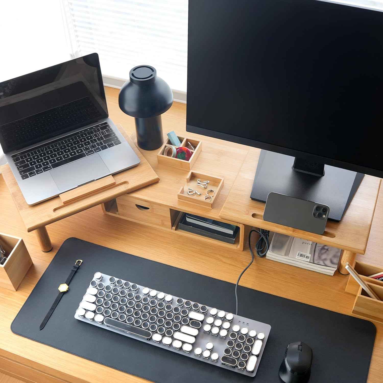 Dual Monitor Stand Riser with Drawer for Desk Laptop Desk Shelf with Adjustable Length and Angle, Bamboo Computer Stand Riser for 2 or 3 Monitors Screen Laptop PC TV -Natural