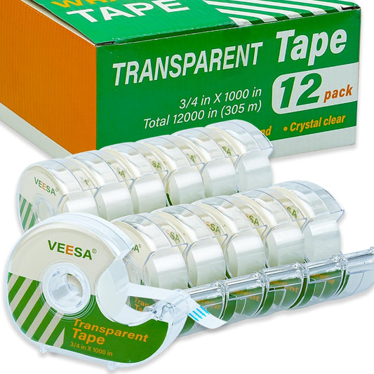 VEESA Transparent Tape with Dispenser, 3/4 x 1000 Inches, 12 Rolls Clear Tapes for Craft Jobs, Home & School Supplies - Lumora Desk