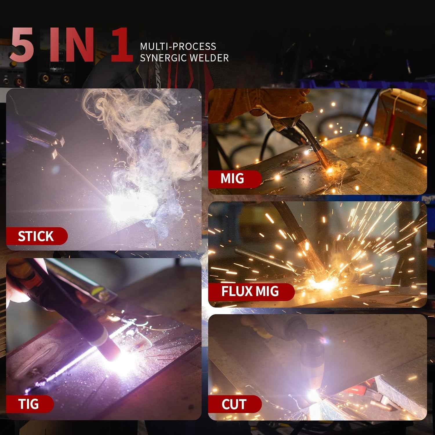 Plasma Cutter Welder Combo Gas MIG/Gasless MIG/HF TIG/Stick/CUT 5 in 1 Aluminum Welding Machine with 110V/220V Dual Voltage Multi Process Welder