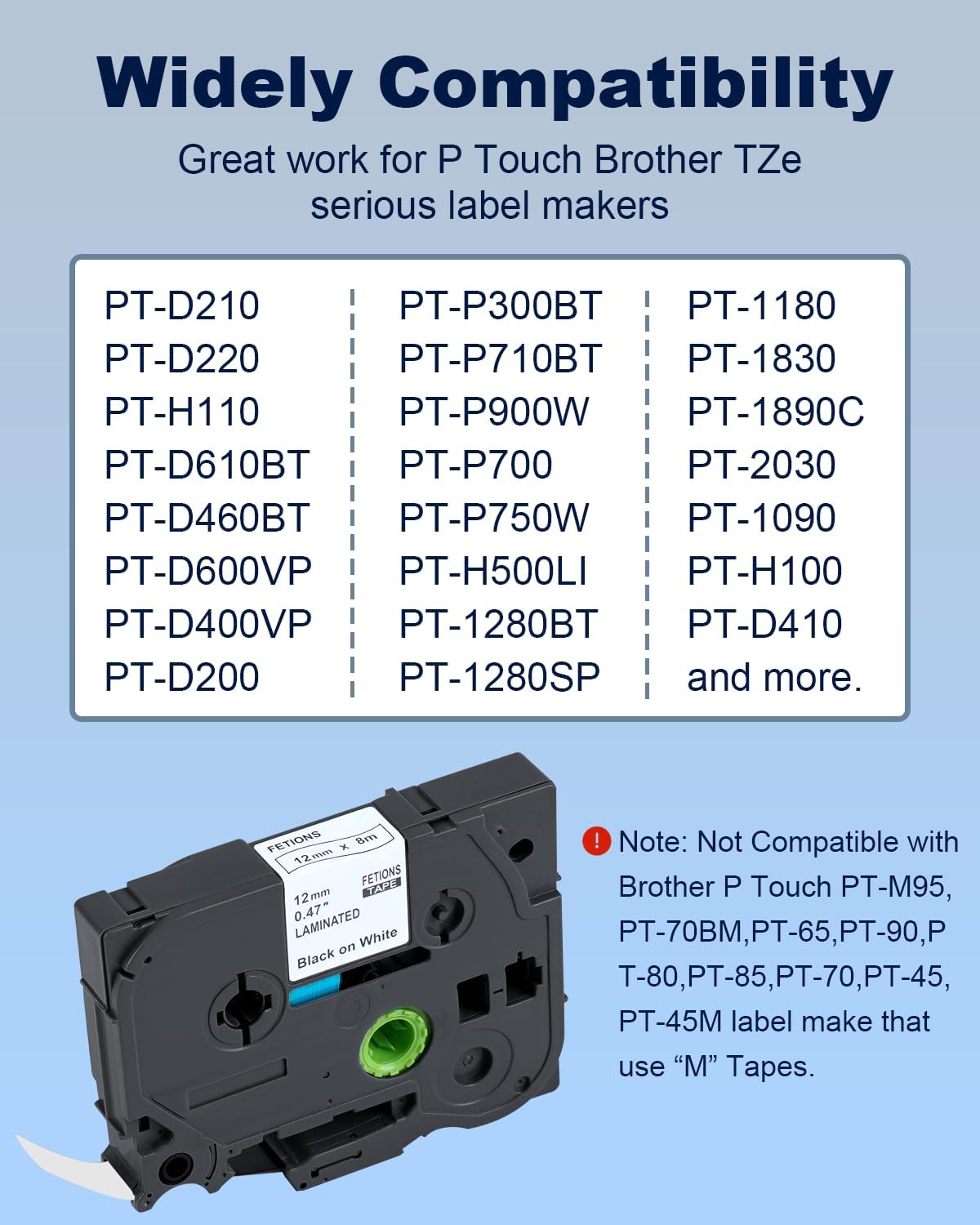 Label Maker Tape TZe-231 Replacement for Brother P Touch PT-D210 PT-D220 PT-H110 PT-D600 D400 by FETIONS, Compatible with TZe TZ 12mm X 8m Laminated Waterproof Label Tape, 2 Pack