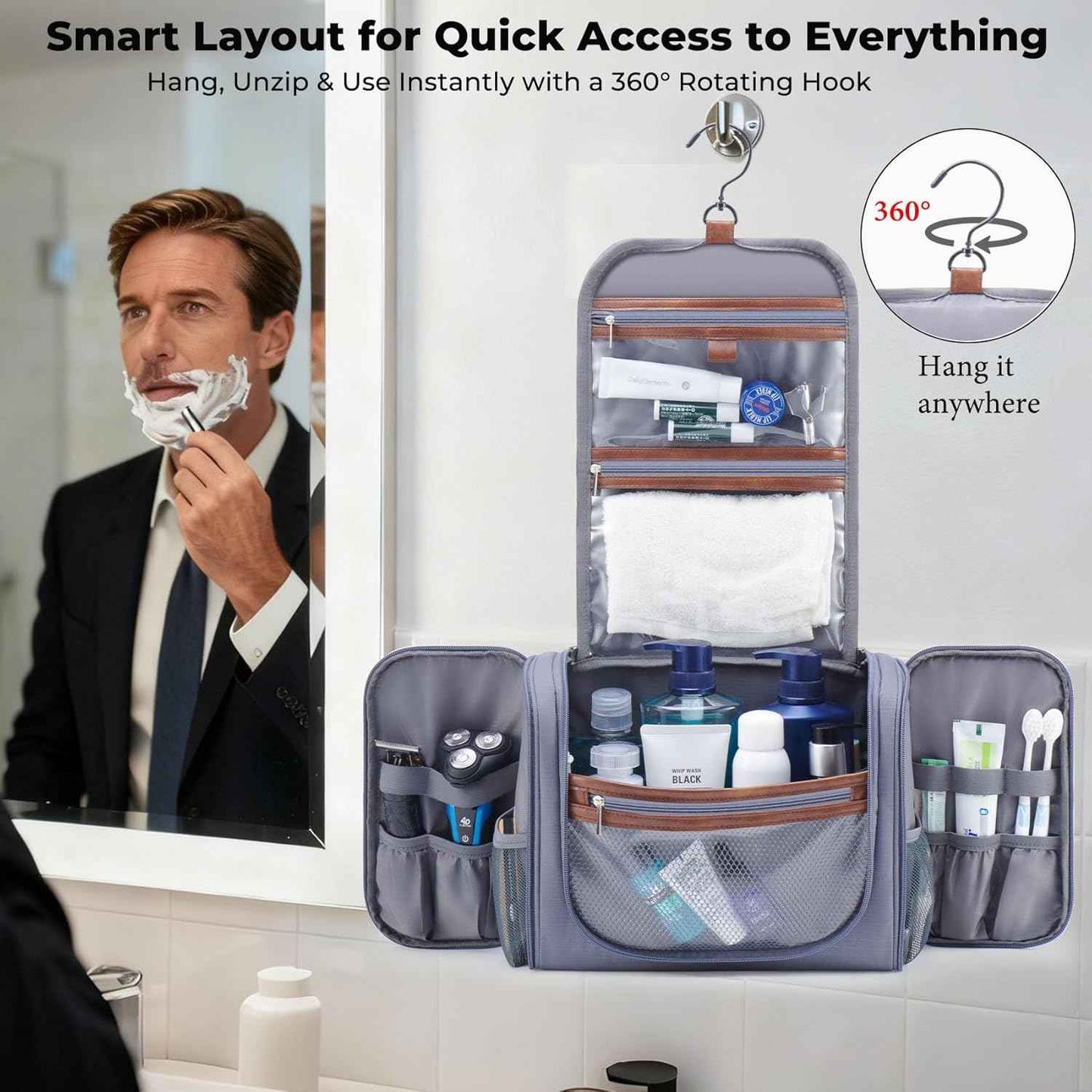 Ralnitote Large Hanging Toiletry Bag for Men, Travel Bathroom Bag with Hook, Hygiene Bag Organizer for Shower, Shaving & Grooming Essentials, Gray