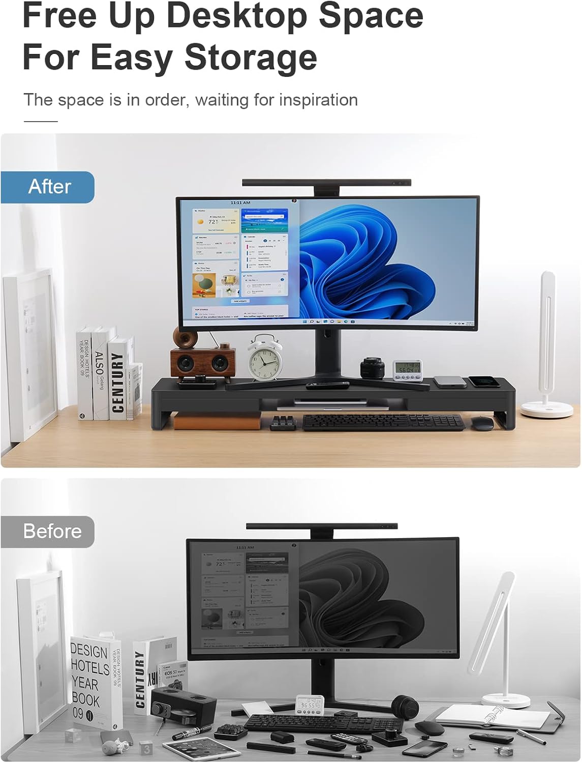 meatanty Dual Monitor Stand Riser with 2 Storage Drawers, Metal Computer Monitor Stand Monitor Shelf with Pull Out Drawer, Keyboard and Mouse Storage Desktop Organizer for PC,Laptop,iMac,TV,Printer