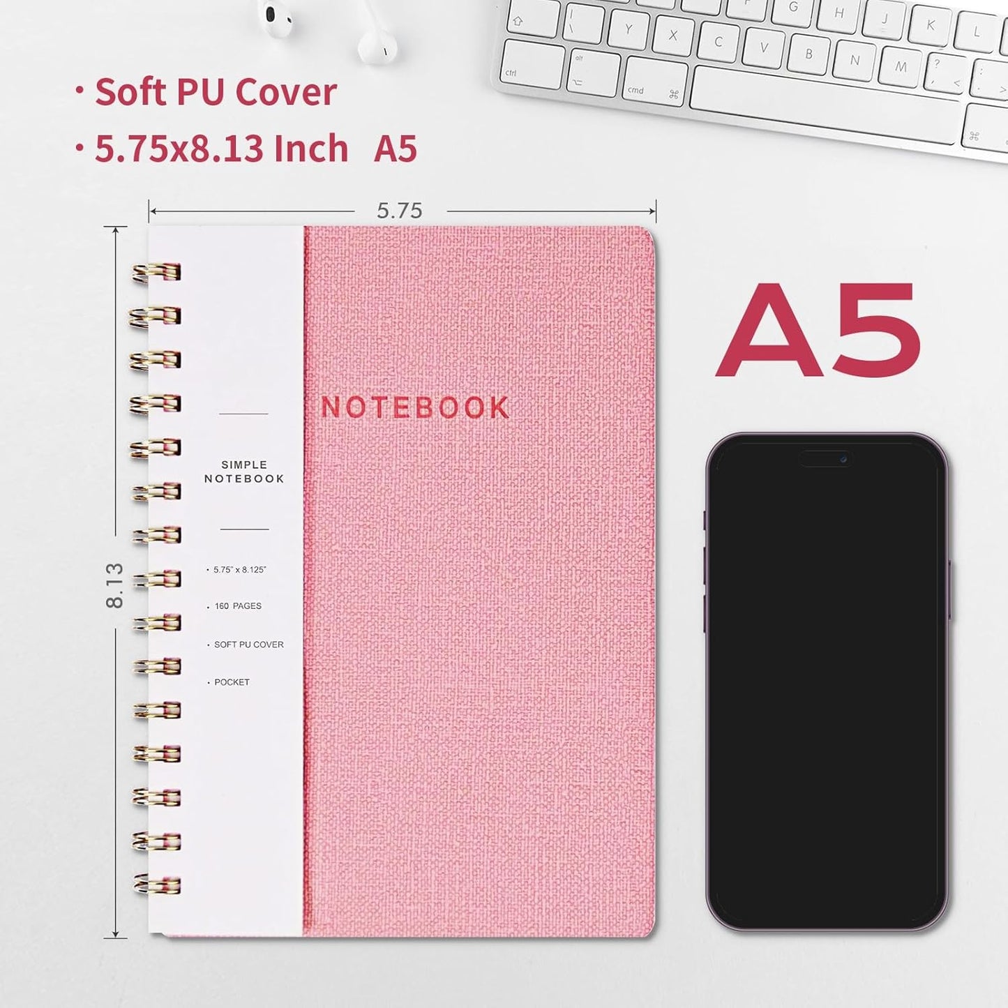 Lined Spiral Notebook College Ruled A5 Journal Book for Note Taking, 160 Pages Writing Journal for Office and Home School Supplies 5.75x8.125 inch (6pack-3Reefblue/3Pink)
