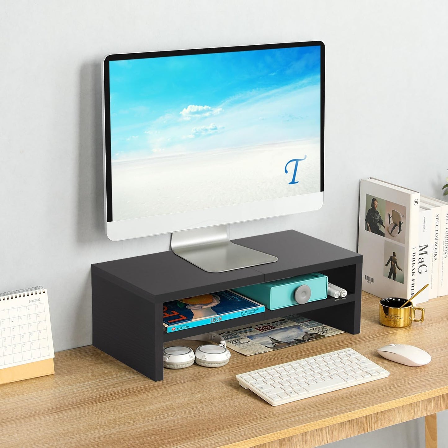 TEAMIX 2 Tiers Wooden Desktop Monitor Stand Riser 20 Inch Printer Stand with Double Storage Small TV Riser Laptop Keyboard Holder Business Desk Organizer Shelf Black Bookshelf