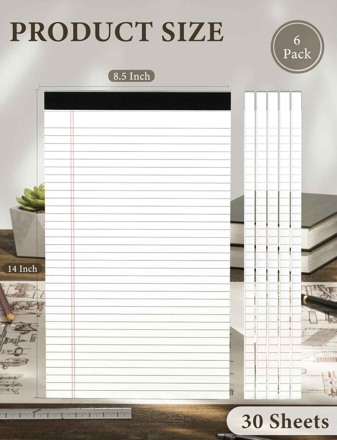 White Legal Pads 8.5 x 14, 6 Pack Wide Ruled Legal Notepads, White Note Pads 8.5 x 14 Writing Pads, Notebook Paper 8.5x14, Lined Tablets Notebook Pads of Paper, 70 GSM White Paper, 30 Sheets/Pad