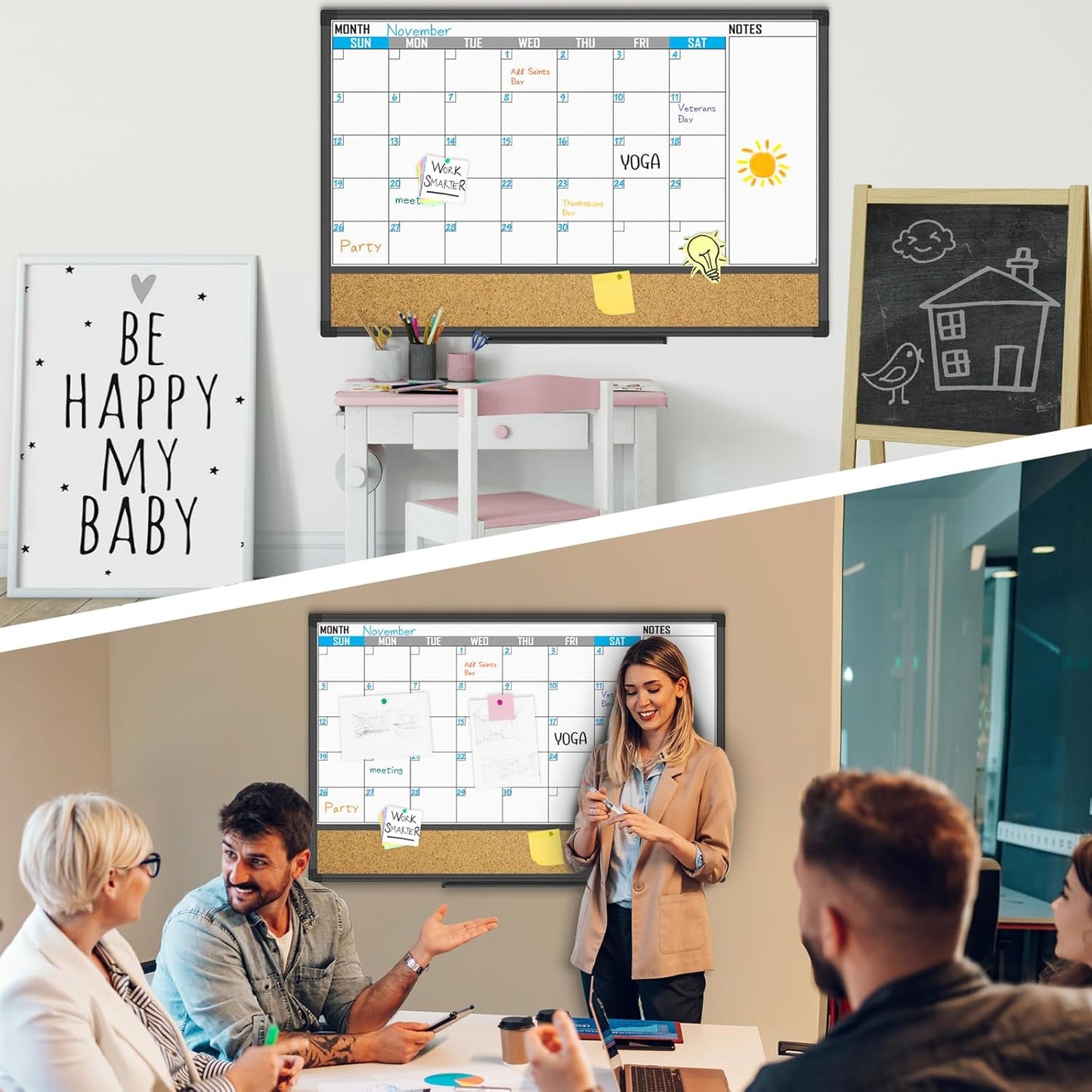 XBoard Dry Erase Calendar Whiteboard 48 X 36 - Combo White Board Calendar Monthly, Magnetic White Board + Corkboard with Black Aluminum Frame, Colorful Push Pins & Marker Tray Included - Lumora Desk