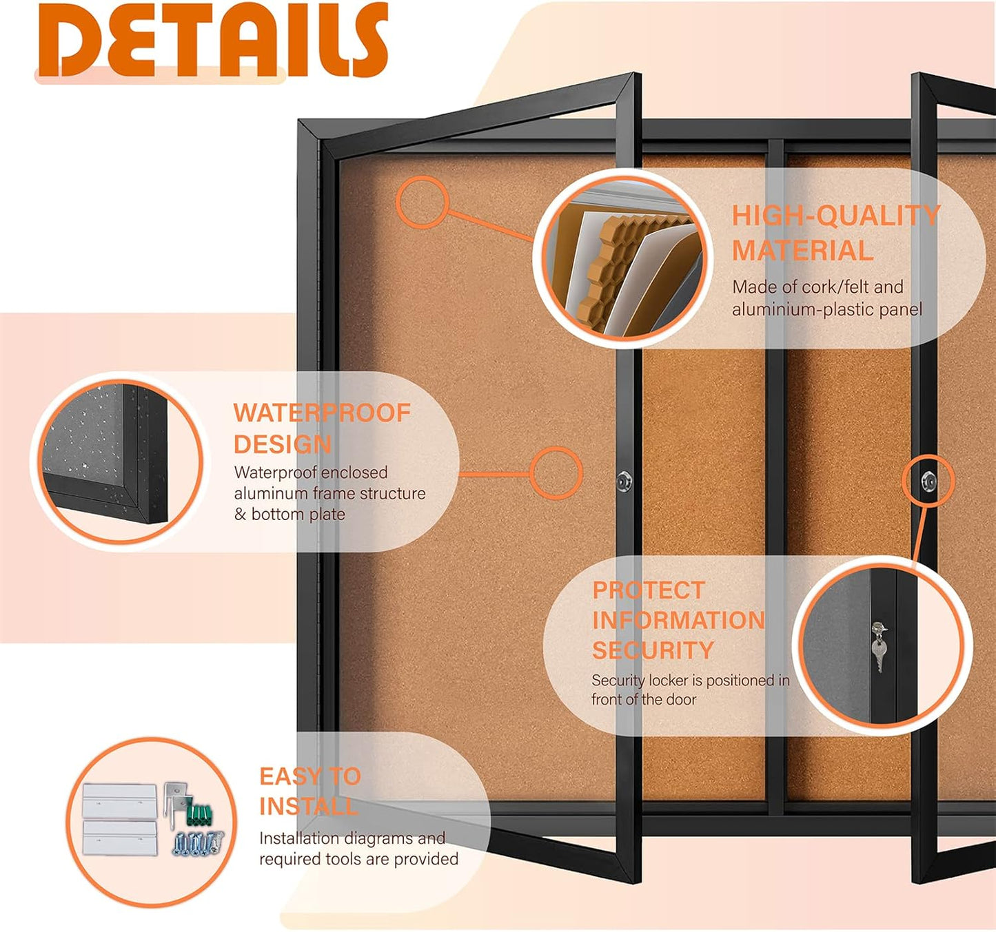 Enclosed Bulletin Board Outdoor Noticeboard with Locking Door, Weather-Resistant, Cork, Black Aluminum Frame, 48 x 34 in