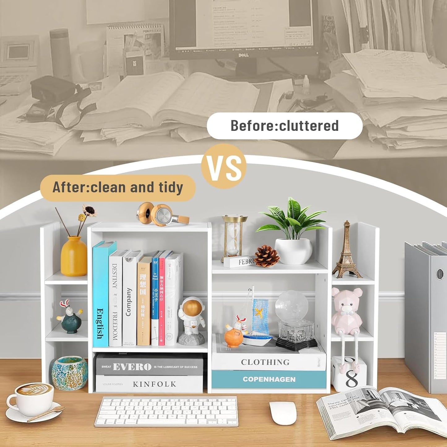 YIGANG Desk Shelf Organizer, 3-Tier Desktop Bookshelf for Computer Desk, Small Tabletop Hutch Storage Rack, Wood Office Supplies Organizer for Dorm, Home & Student (29 Inch Wide)，White