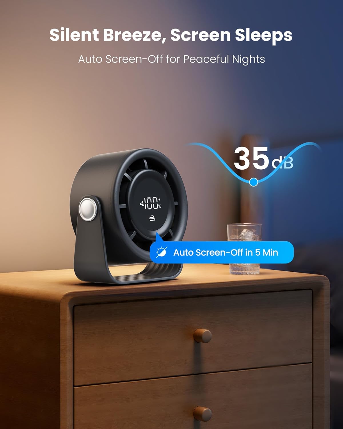 Gaiatop Small Desk Fan Rechargeable, Quiet Personal Table Fan, Touch Control Display, 360° Tilt, 5-Speed Strong Wind, 4000mAh Battery, Small Fans for Bedroom Dorm Office, Gifts for Women Men, Black
