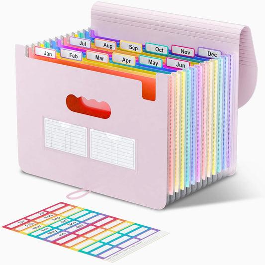 ThinkTex Accordion File Organizer, 12 - Pocket Expanding File Folders for Paper Receipts, Bills&Taxes Organizer, Letter/A4 Size Document Holder for School, Office, Home with tabs-Pinkish Purple