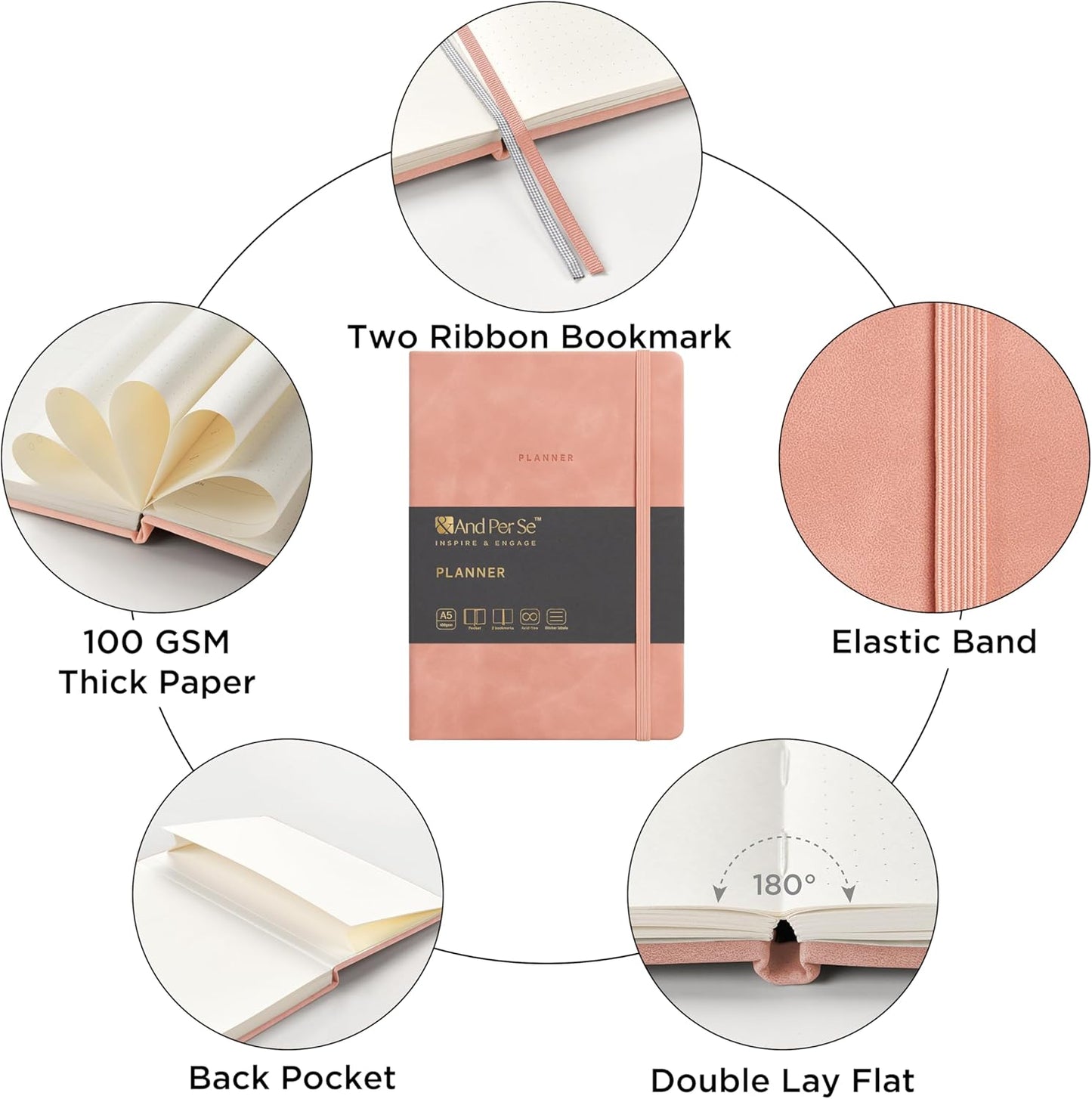 And Per Se Undated Academic Planner, A5 Weekly Calendar Planner, 72 Weeks Hardcover to Track Goals, Teacher Student Planning Book with Monthly Tab Stickers & Back Pocket (Pink)