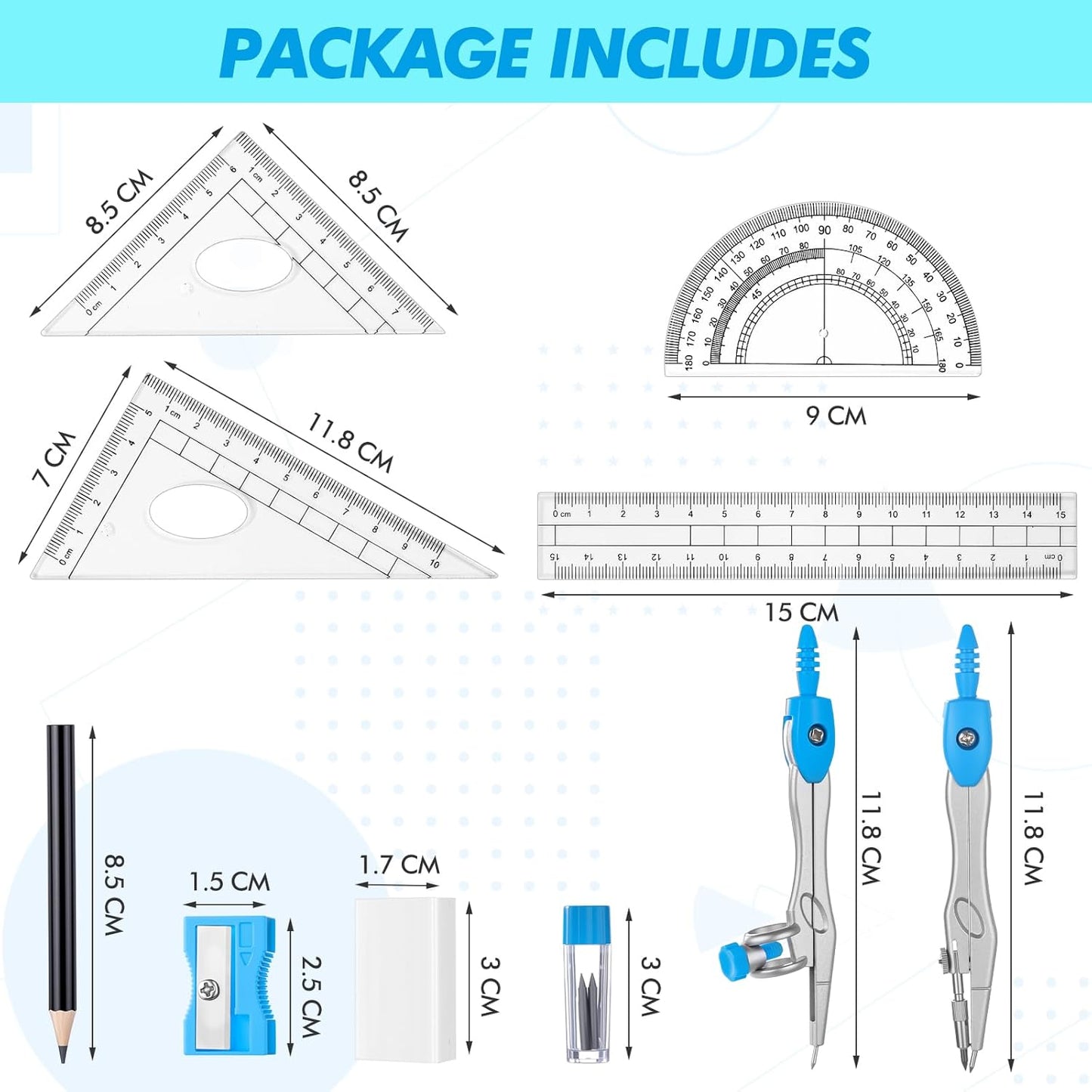 Zonon Math Geometry Set 10 Pcs Student Supplies with Shatterproof Storage Box, Includes Rulers Protractor Compass Pencil Sharpener Lead Refills Eraser Pencil for Drafting and Drawings(Blue)