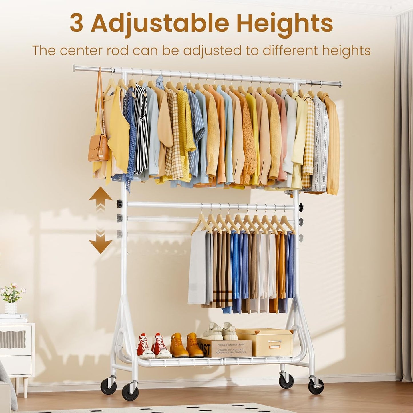 Double Rods Clothing Rack, Heavy Duty Clothes Rack for Hanging Clothes Load 560LBS, Metal Rolling Garment Racks with Wheels, Freestanding Clothes Hanging Racks, White - Lumora Desk