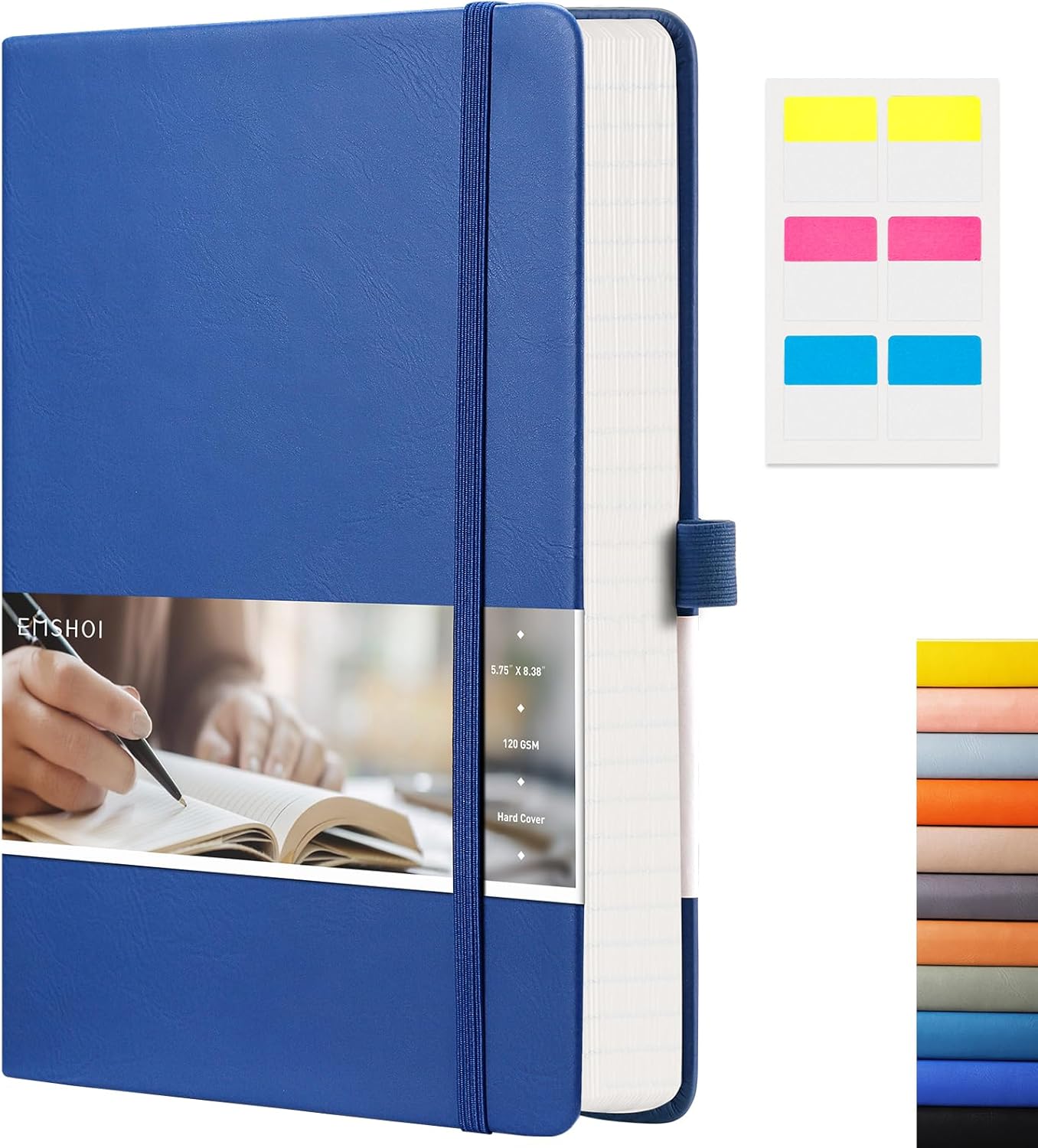 EMSHOI Graph Paper Notebook - 256 Pages A5 Graph Notebook/Journal, Square Grid Notebooks for Work, 120gsm Thick Paper, Executive Hardcover Leather, Inner Pocket, Pen Loop 5.75'' × 8.38''-Blue