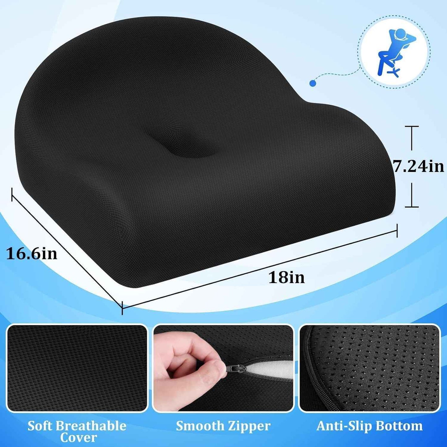 TranquilRelax Seat Cushion Office Chair Cushion for Back & Tailbone & Sciatica Pain Relief, Black Memory Foam Desk Chair Cushion Pressure Relief Seat for Long Sitting Car Drivers, Office Worker