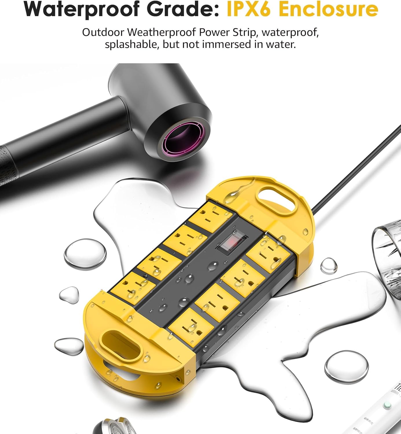 CCCEI 2 Outdoor Power Strips Weatherproof with 8 Plug, Waterproof Extension Cord with Multiple Outlets, Christmas Exterior Garden Yard Surge Protector 10FT, Yellow.
